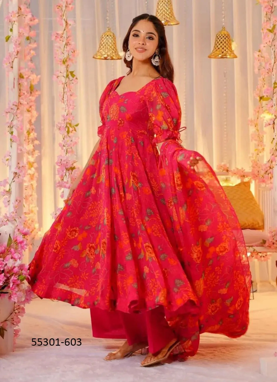 Wine Red Silk Digitally Printed Party-Wear Anarkali Readymade Salwar Kameez