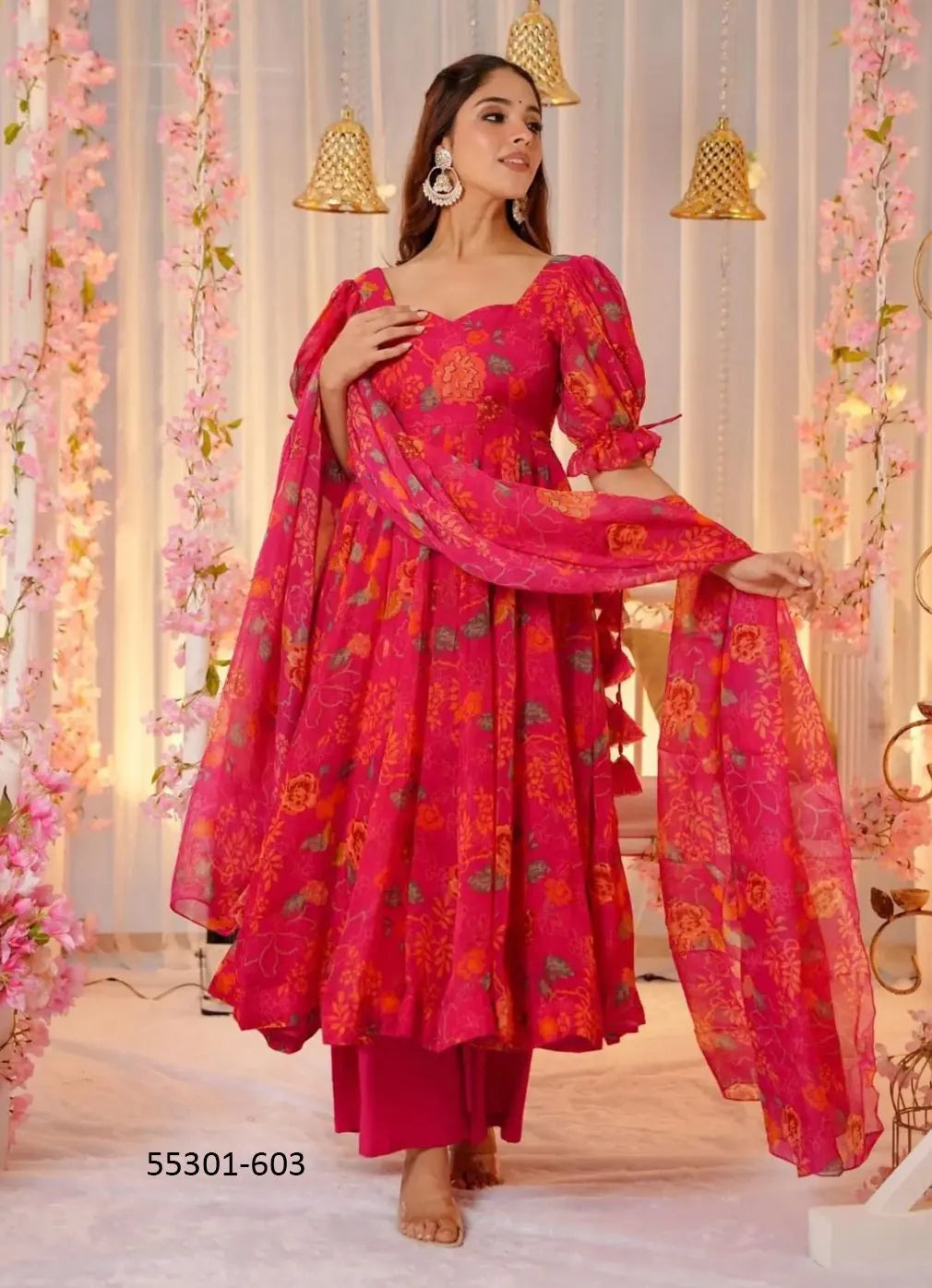 Wine Red Silk Digitally Printed Party-Wear Anarkali Readymade Salwar Kameez