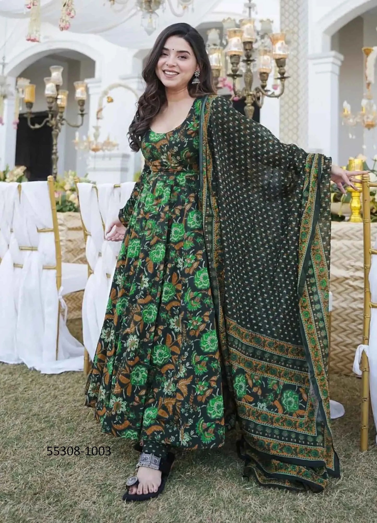 Black & Green Muslin Digitally Printed Anarkali Readymade Salwar Kameez For Traditional / Religious Occasions