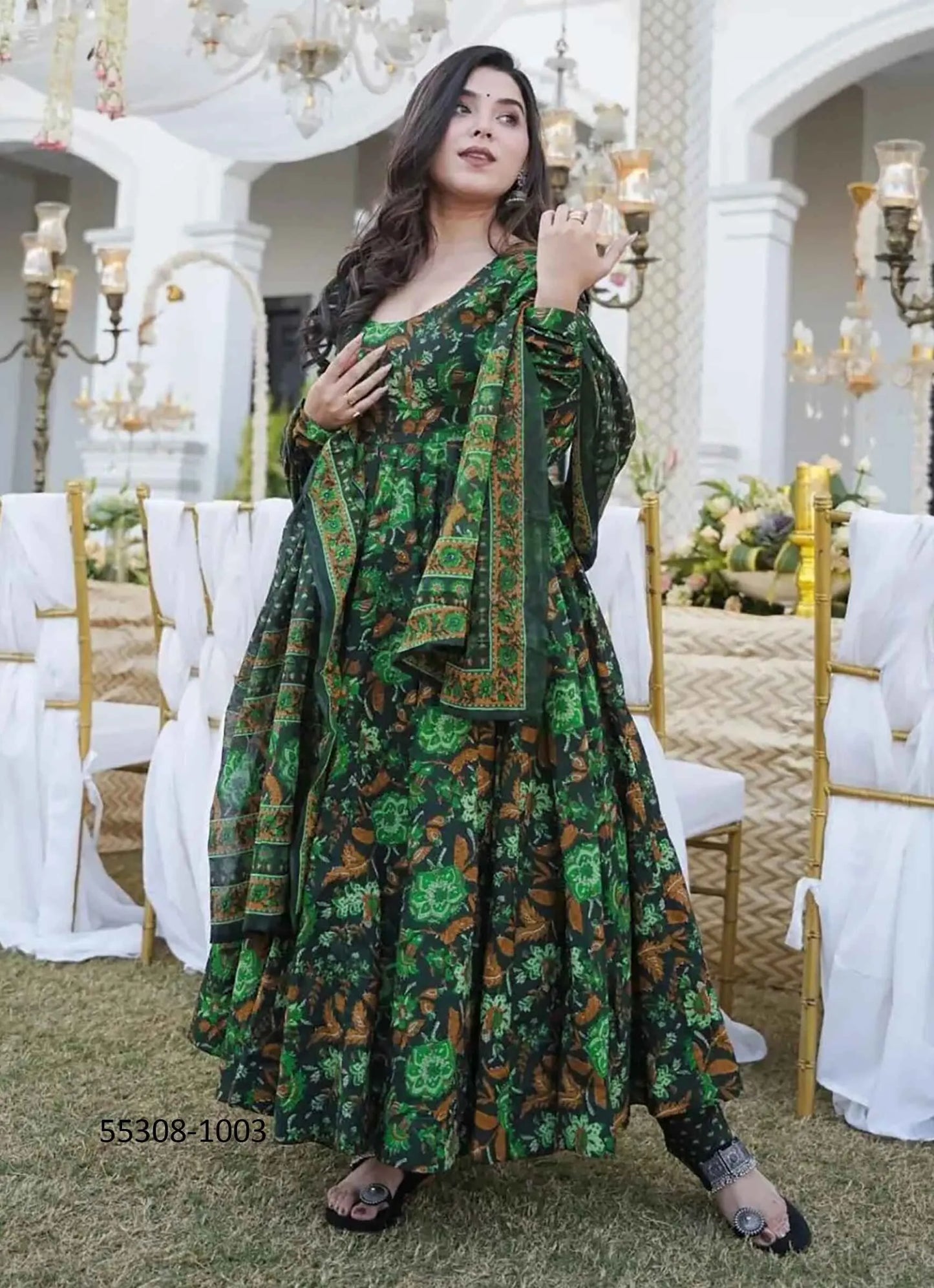 Black & Green Muslin Digitally Printed Anarkali Readymade Salwar Kameez For Traditional / Religious Occasions