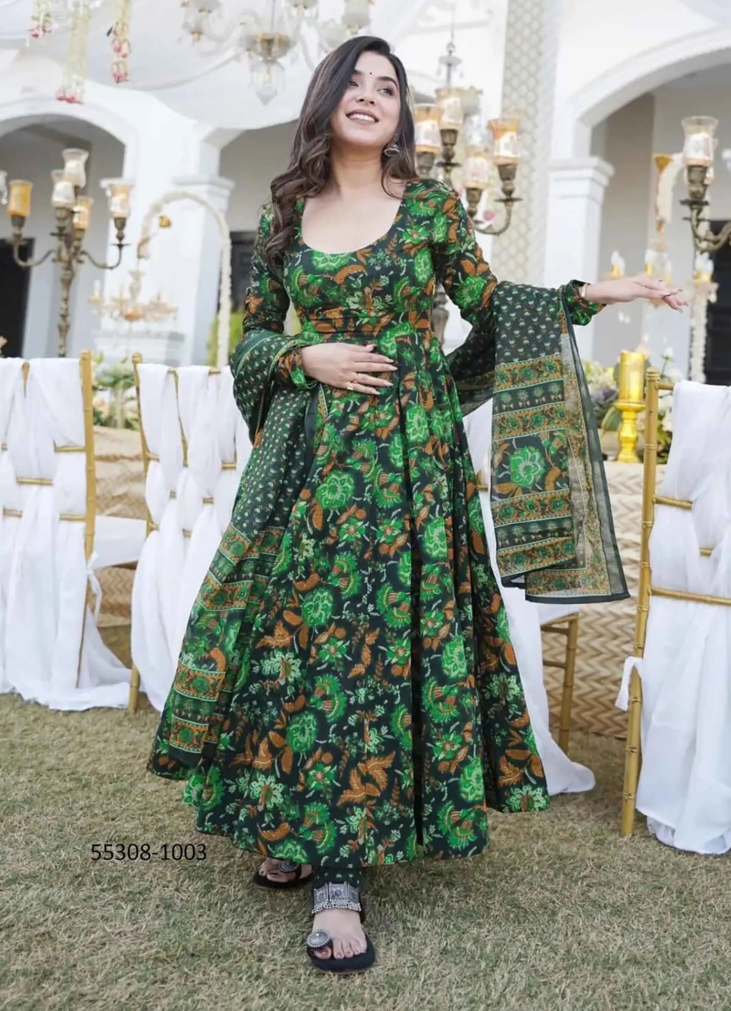 Black & Green Muslin Digitally Printed Anarkali Readymade Salwar Kameez For Traditional / Religious Occasions