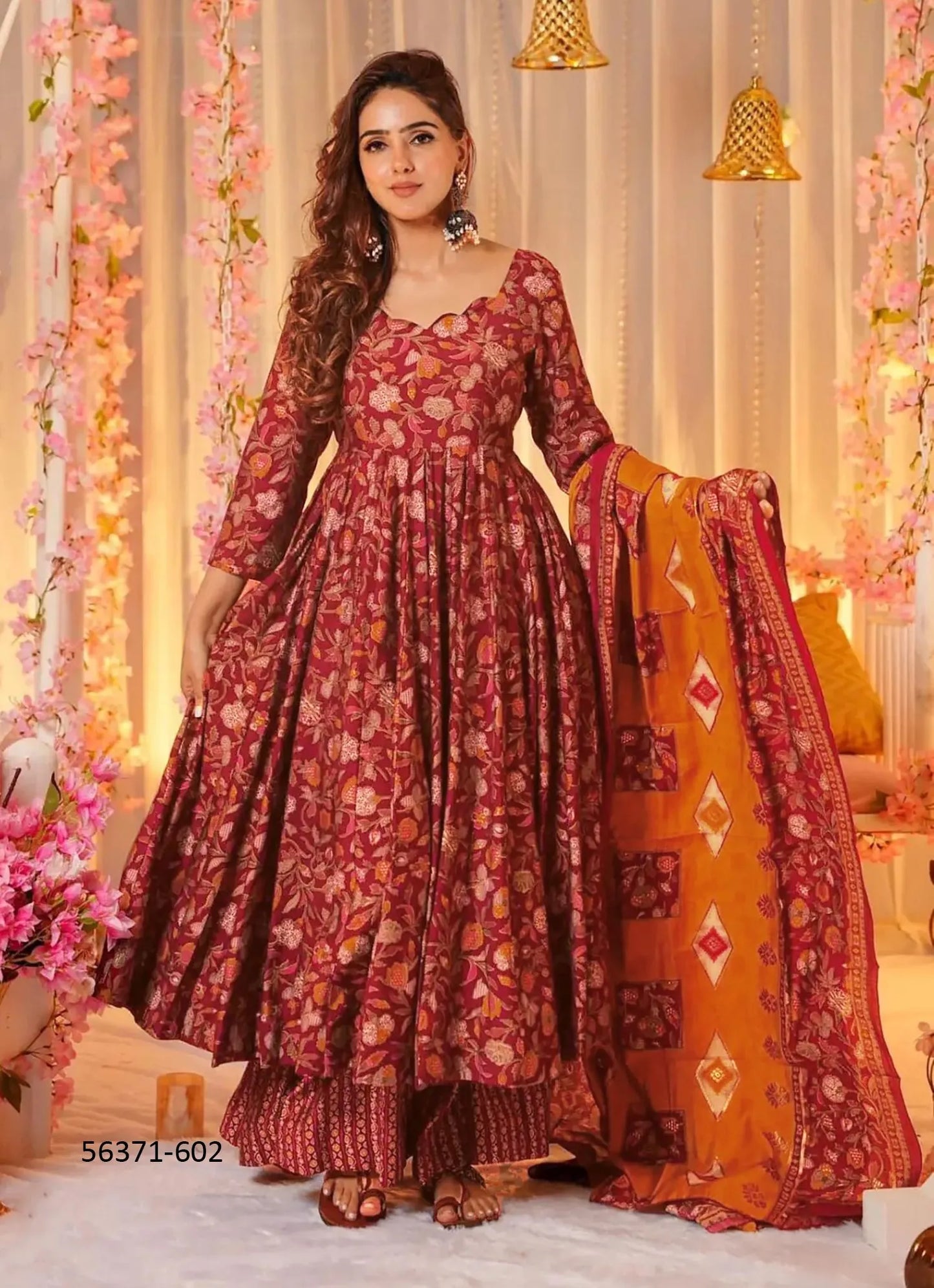 Wine Red & Orange Muslin Digitally Printed Ramadan-Special Readymade Anarkali Salwar Kameez