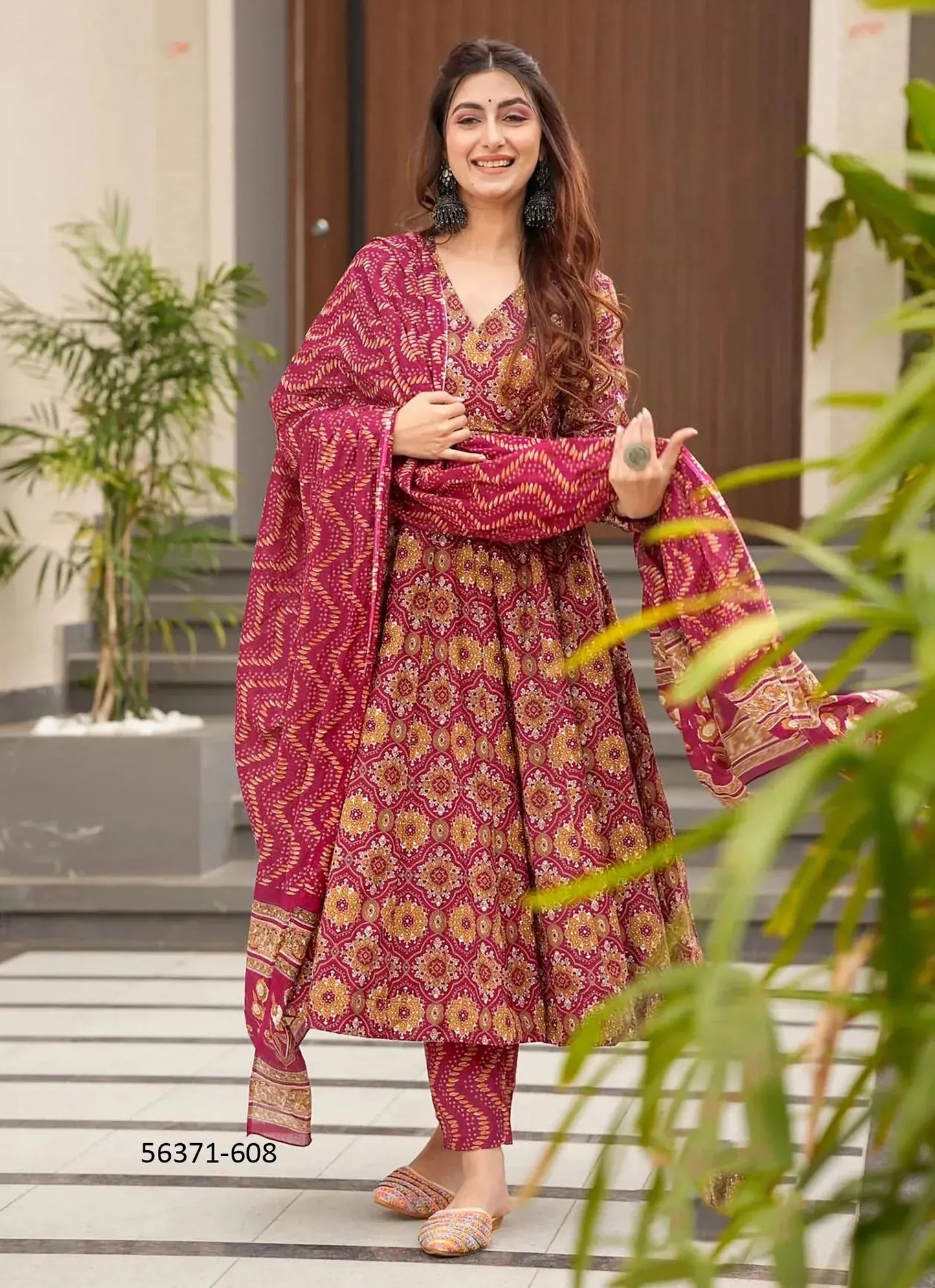 Wine & Burlywood Muslin Digitally Printed Ramadan-Special Readymade Anarkali Salwar Kameez