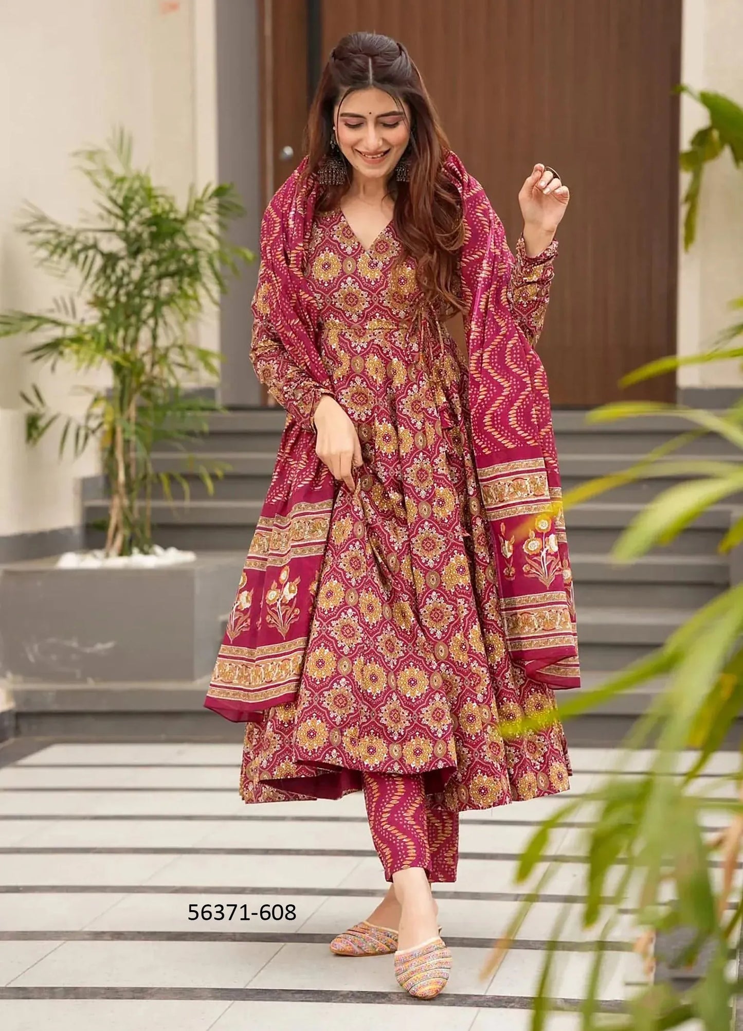 Wine & Burlywood Muslin Digitally Printed Ramadan-Special Readymade Anarkali Salwar Kameez