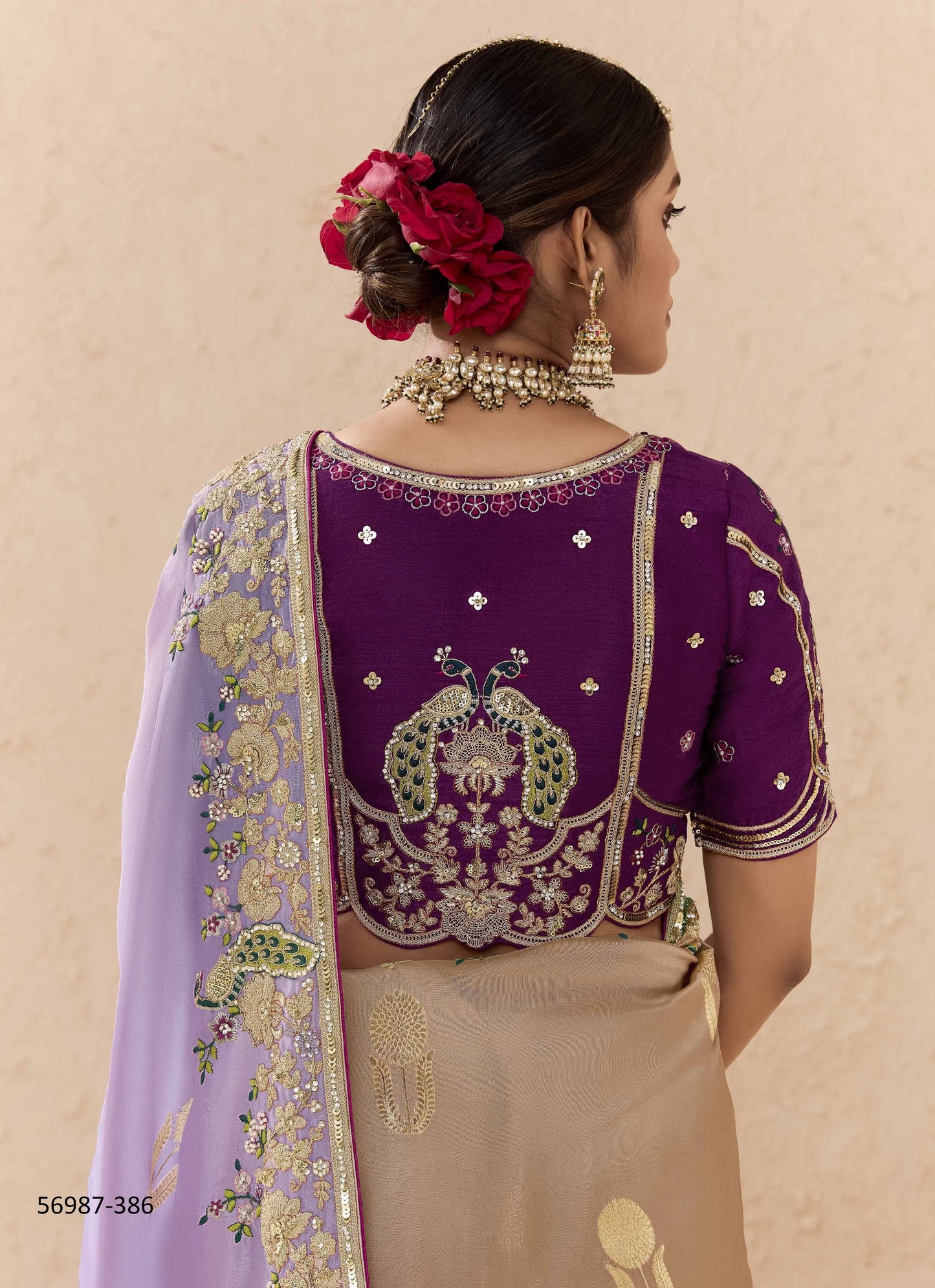 Beige Bemberg Silk Handworked Wedding-Wear Embroidered Saree