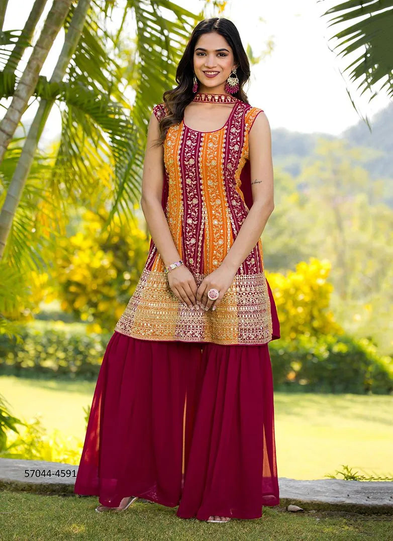 Wine Red Georgette Embroidered Ramadan-Special Gharara-Bottom Readymade Salwar Kameez