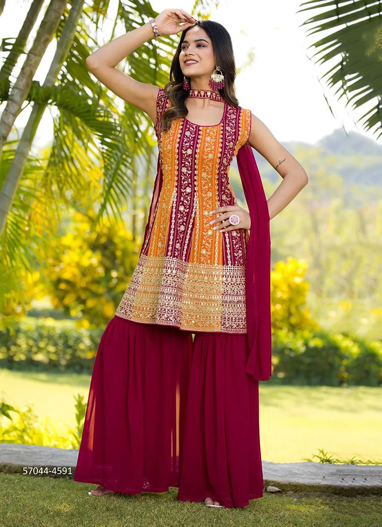 Wine Red Georgette Embroidered Ramadan-Special Gharara-Bottom Readymade Salwar Kameez