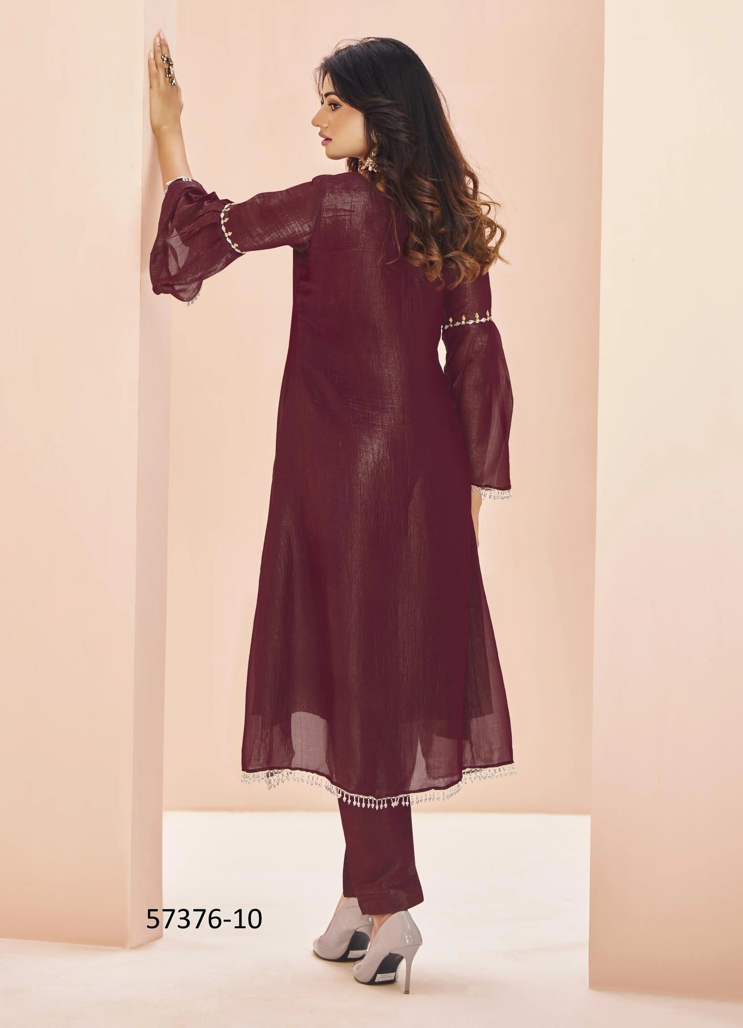 Wine Organza Handworked Party-Wear Readymade Designer Fusion Outfit