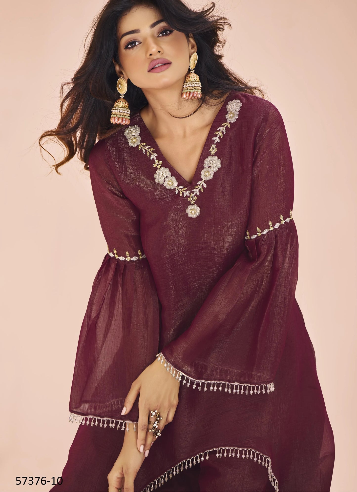 Wine Organza Handworked Party-Wear Readymade Designer Fusion Outfit