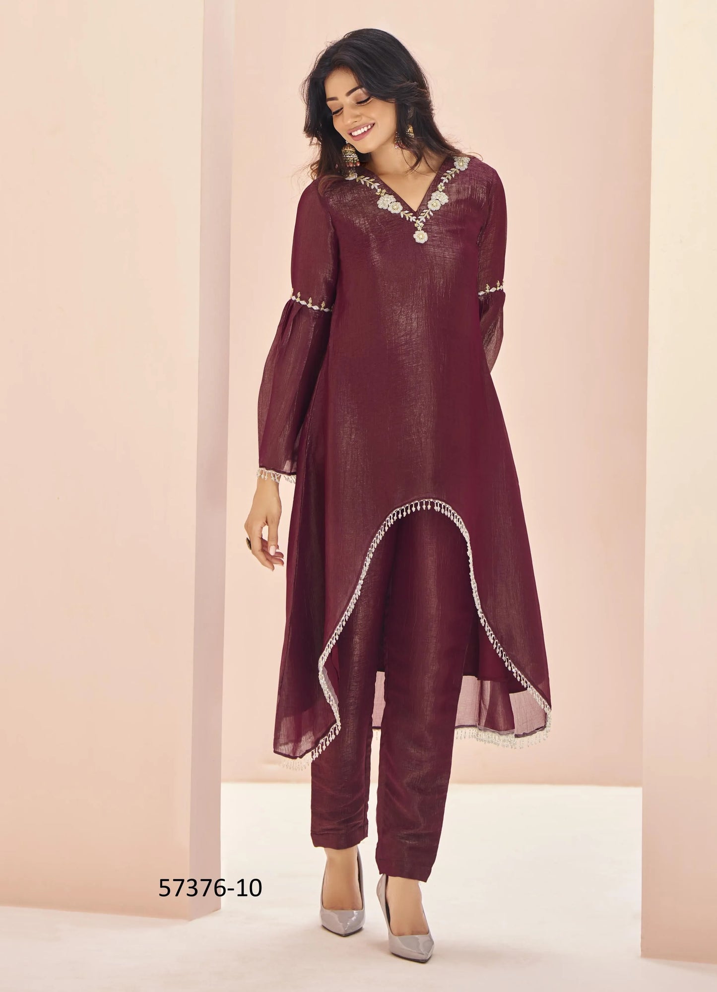 Wine Organza Handworked Party-Wear Readymade Designer Fusion Outfit