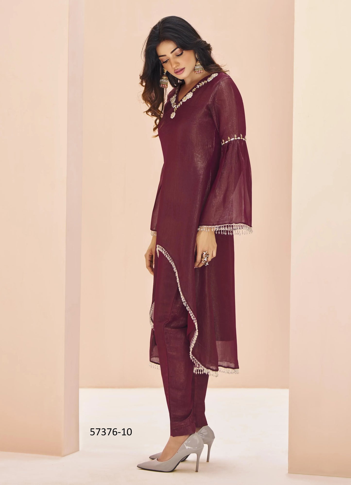 Wine Organza Handworked Party-Wear Readymade Designer Fusion Outfit