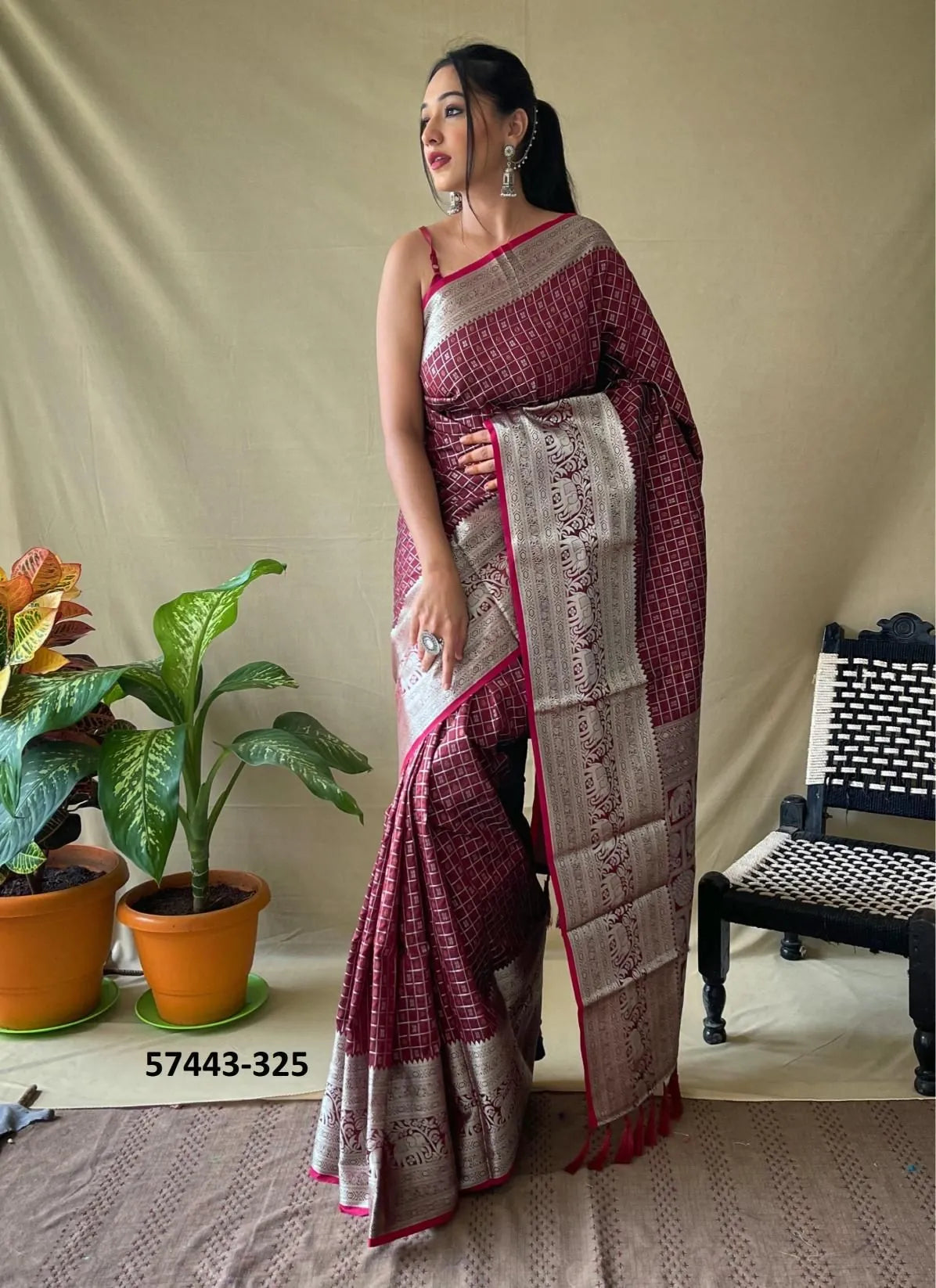 Wine Silk Woven Checks Saree For Traditional / Religious-Occasions