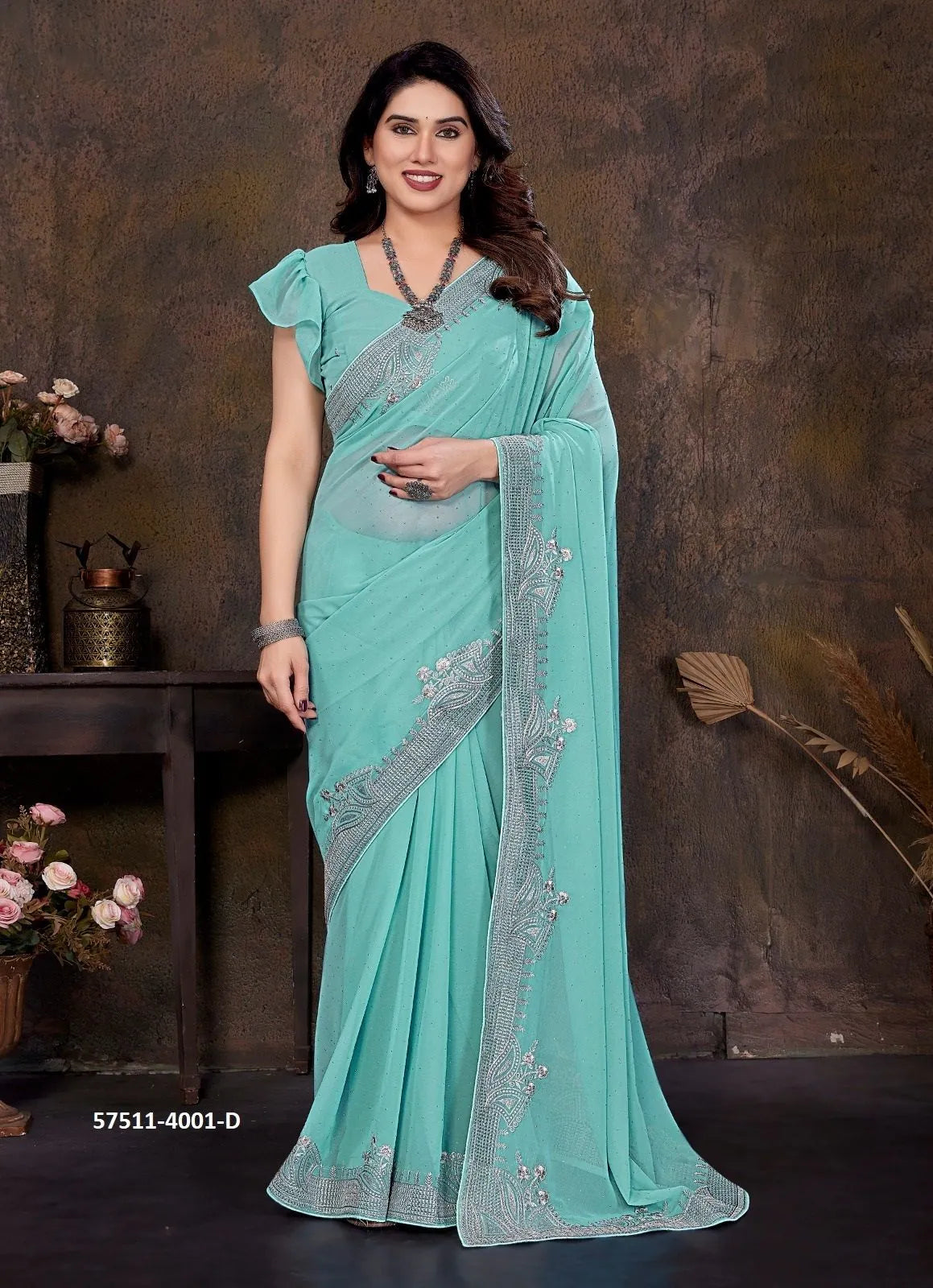 Aqua Georgette Stone-Work Festive-Wear Desi Saree