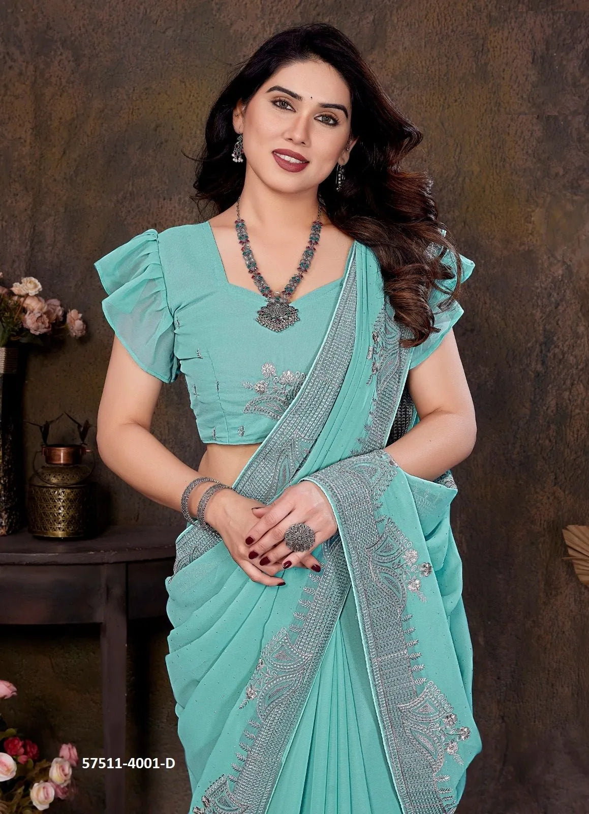 Aqua Georgette Stone-Work Festive-Wear Desi Saree