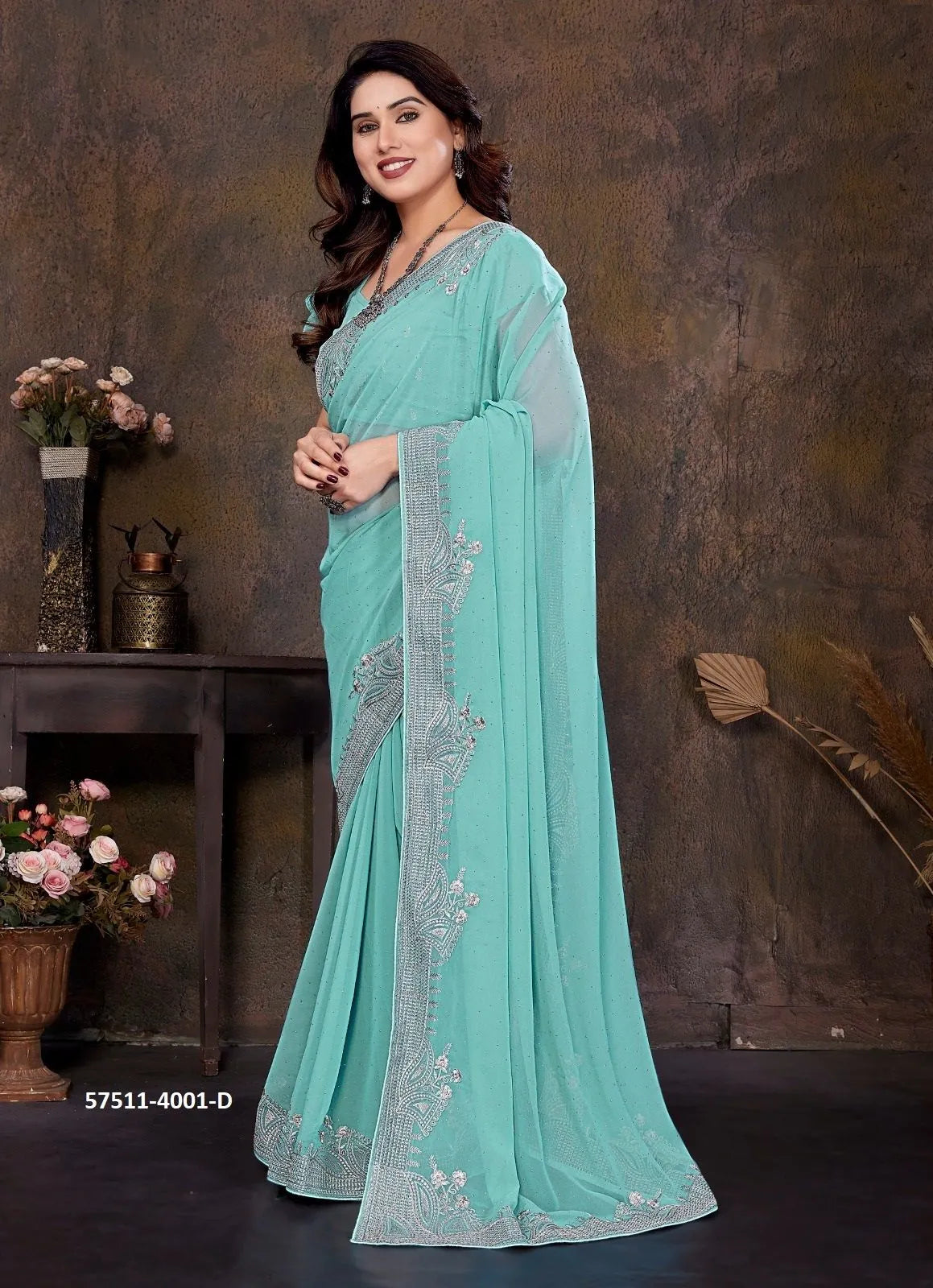 Aqua Georgette Stone-Work Festive-Wear Desi Saree