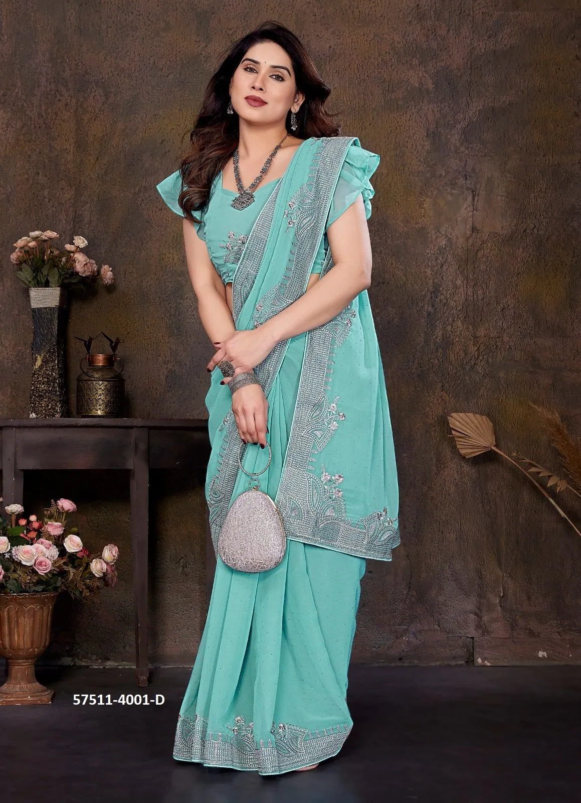 Aqua Georgette Stone-Work Festive-Wear Desi Saree