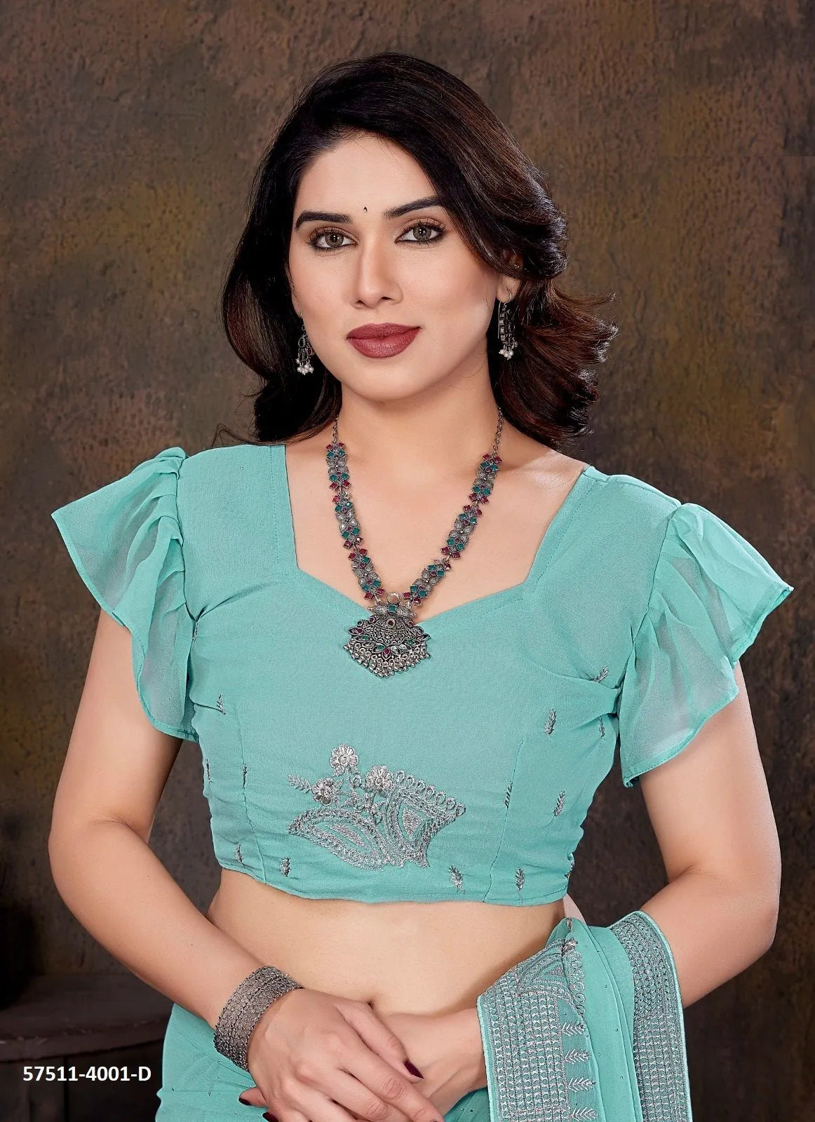 Aqua Georgette Stone-Work Festive-Wear Desi Saree