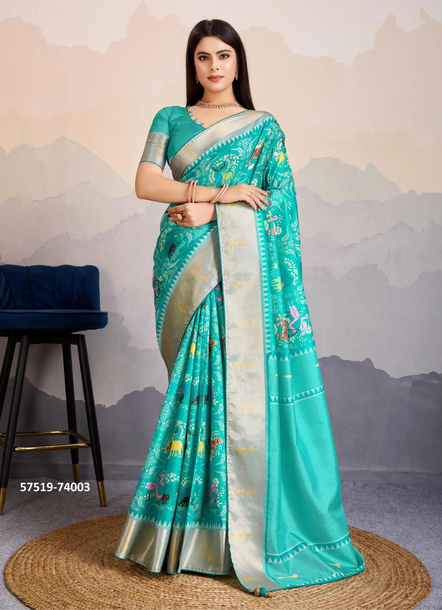 Aqua Satin Digitally Printed Festive-Wear Patola Silk Saree