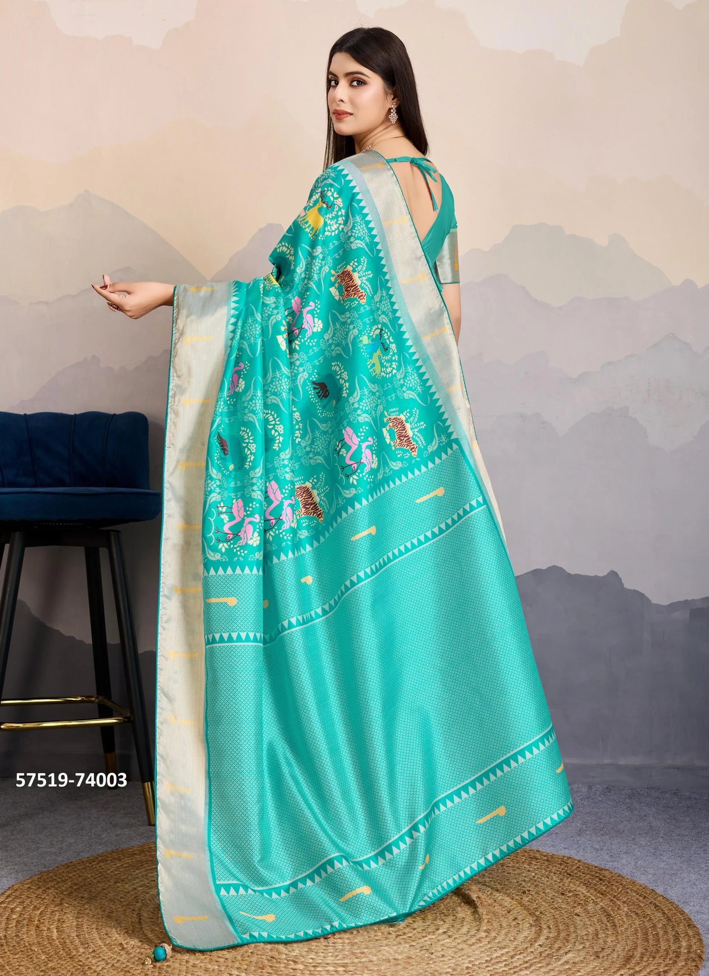 Aqua Satin Digitally Printed Festive-Wear Patola Silk Saree