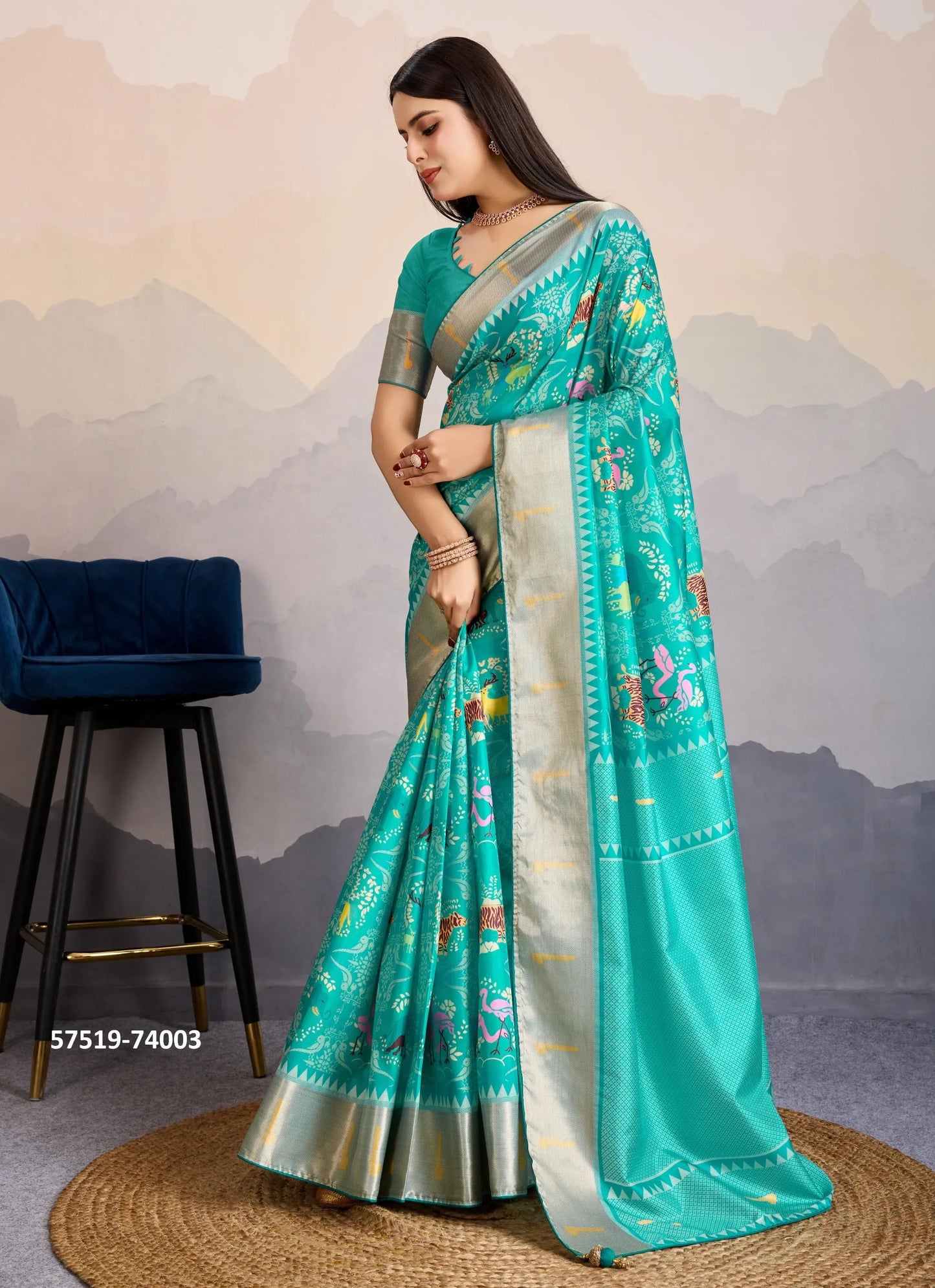 Aqua Satin Digitally Printed Festive-Wear Patola Silk Saree