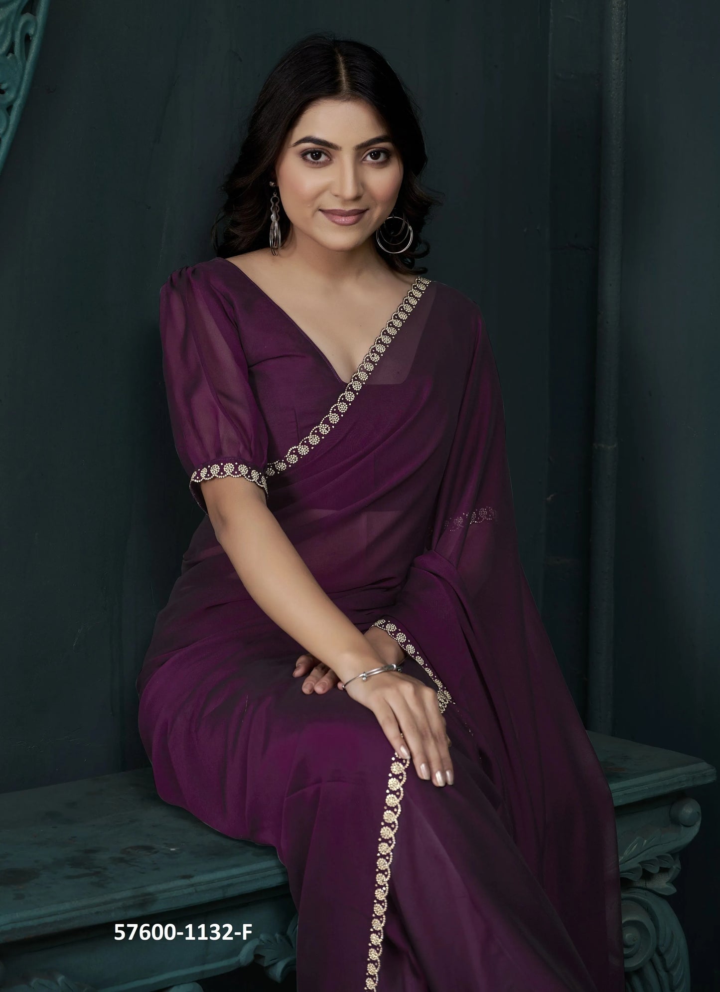 Wine Crape Silk Zarkan-Work Festive-Wear Beautiful Saree