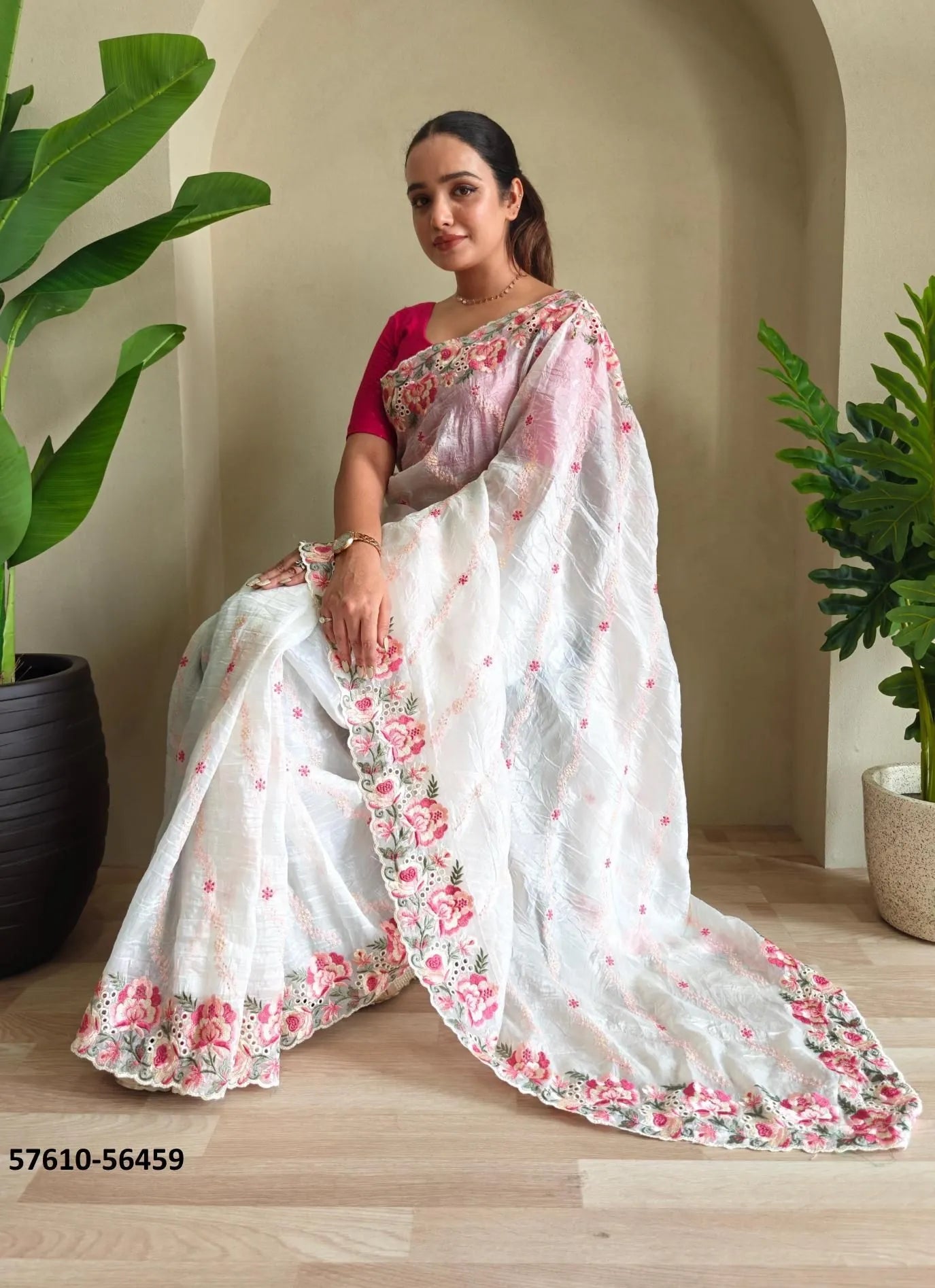 White Pure Crush Silk Thread-Work Party-Wear Embroidered Saree