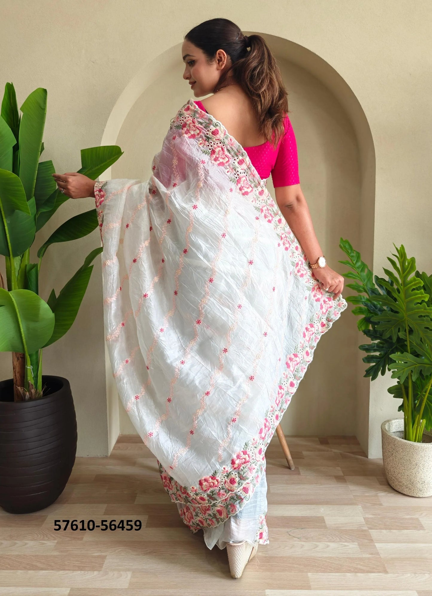 White Pure Crush Silk Thread-Work Party-Wear Embroidered Saree
