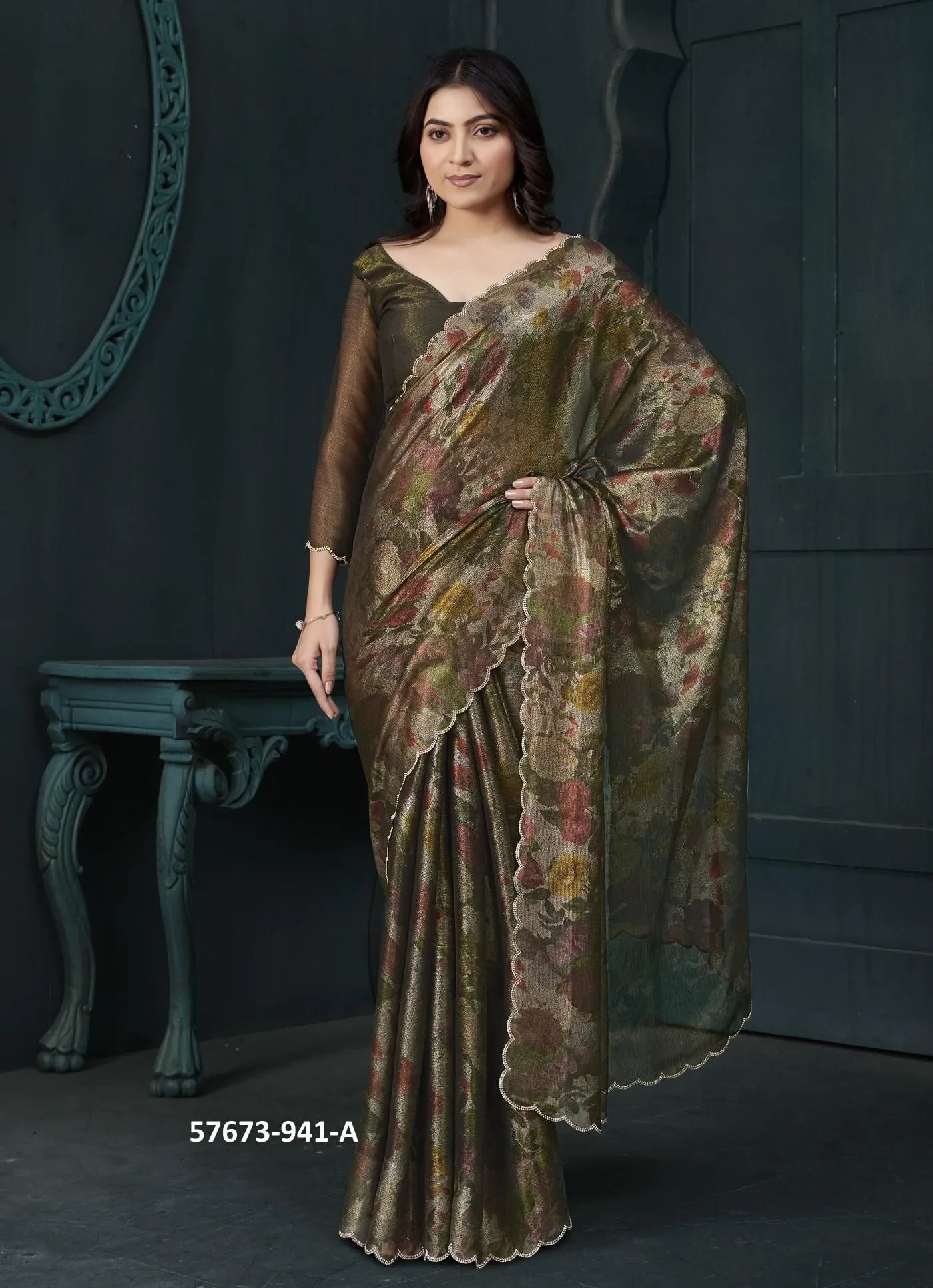 Coffee Brown Two Tone Silk Floral Digitally Printed Party-Wear Saree
