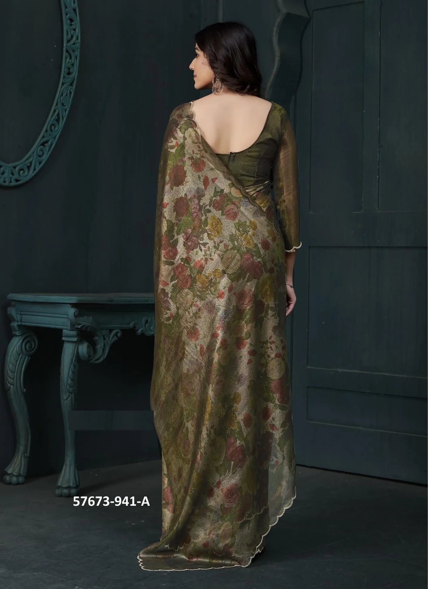 Coffee Brown Two Tone Silk Floral Digitally Printed Party-Wear Saree