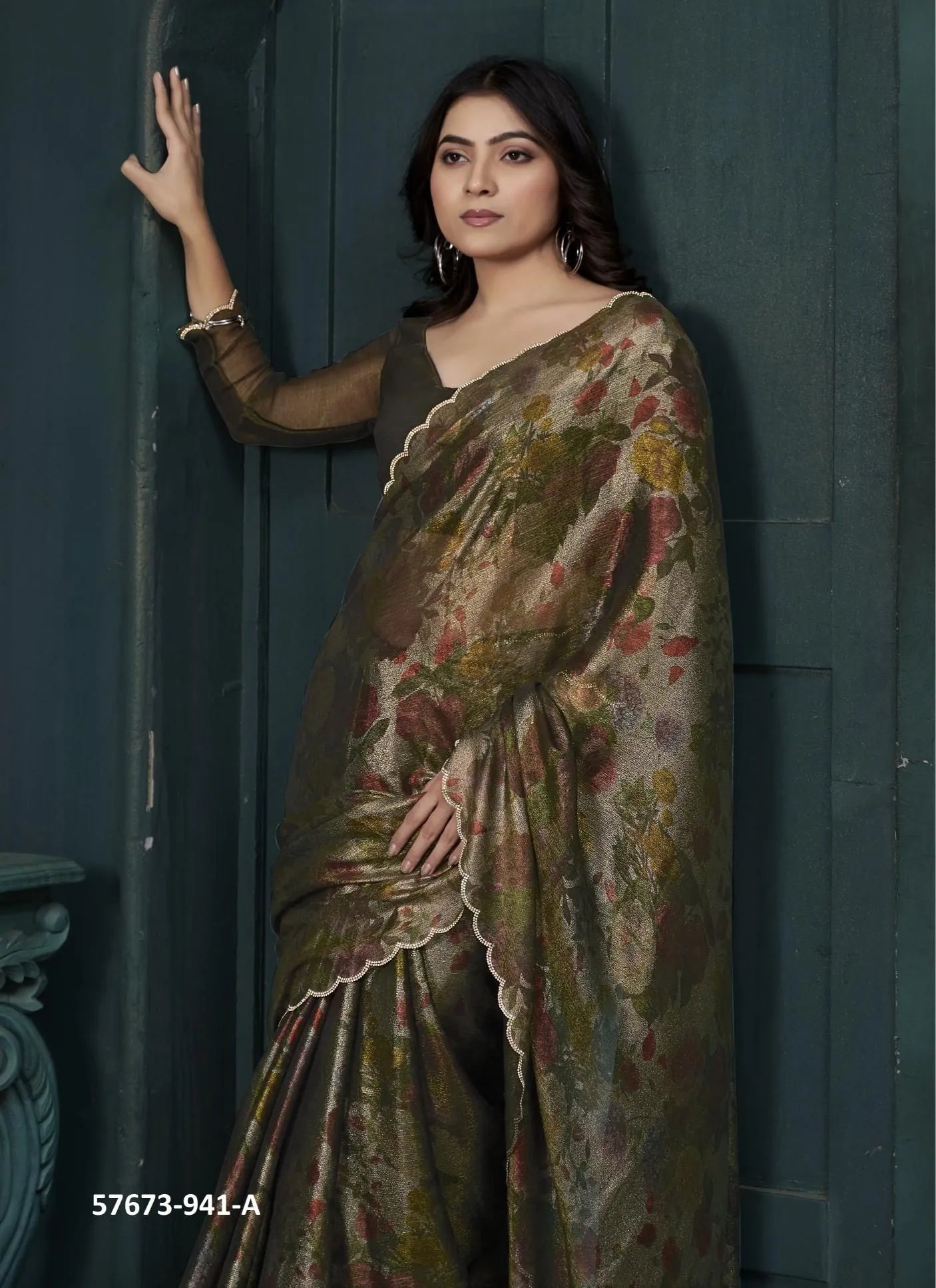 Coffee Brown Two Tone Silk Floral Digitally Printed Party-Wear Saree