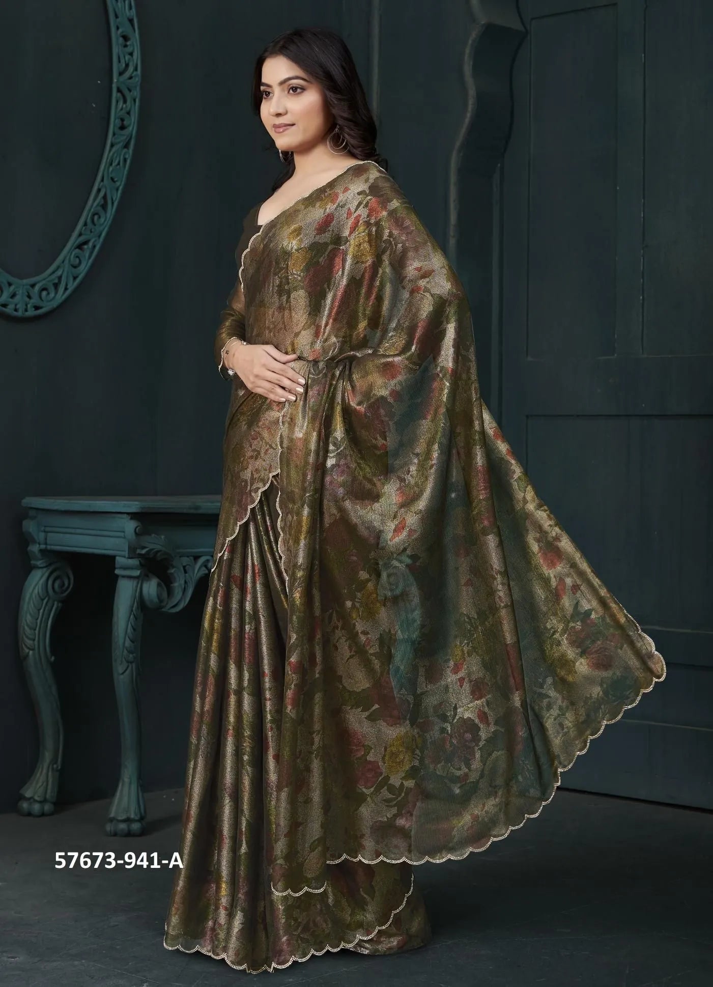 Coffee Brown Two Tone Silk Floral Digitally Printed Party-Wear Saree