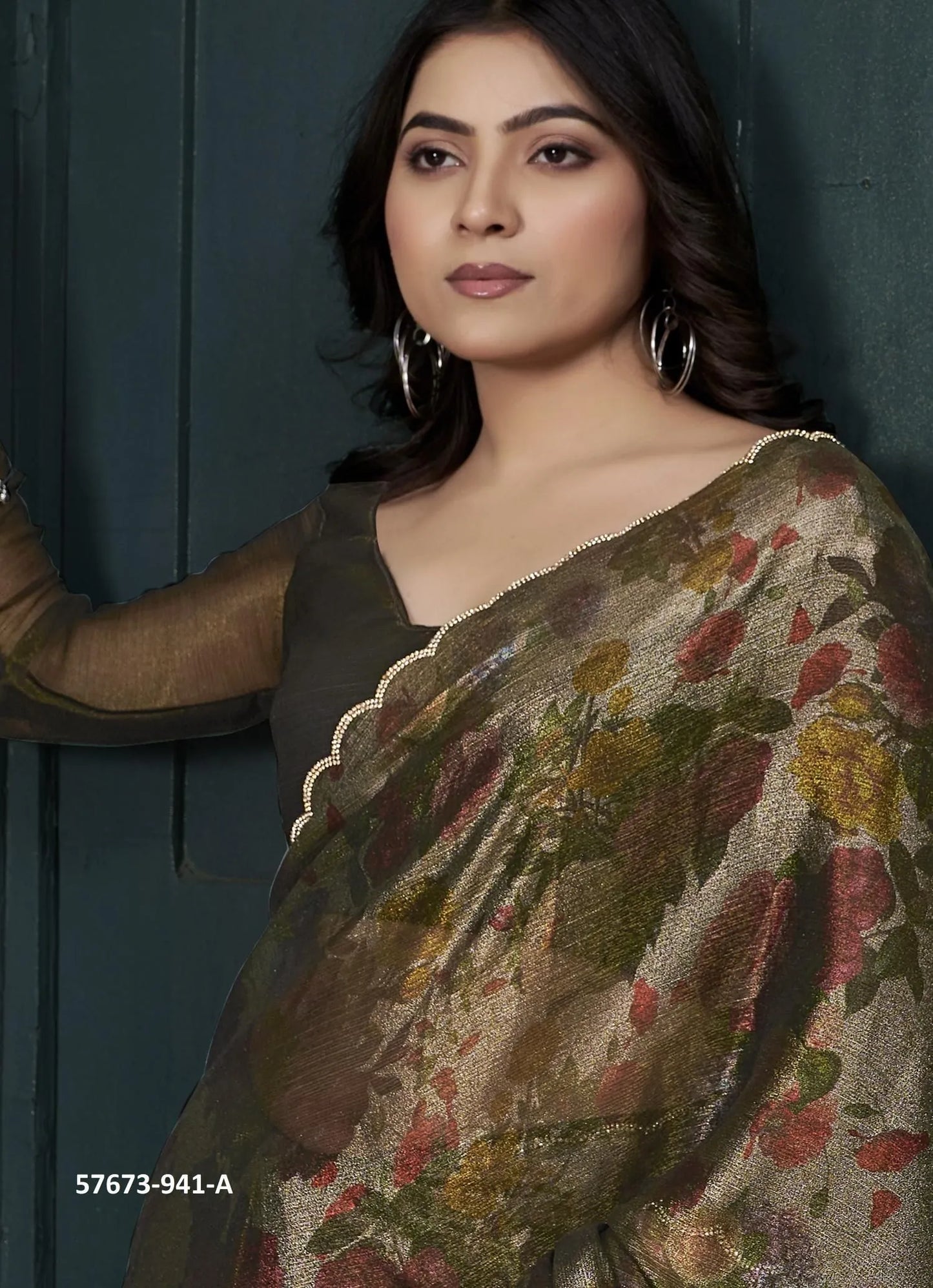 Coffee Brown Two Tone Silk Floral Digitally Printed Party-Wear Saree
