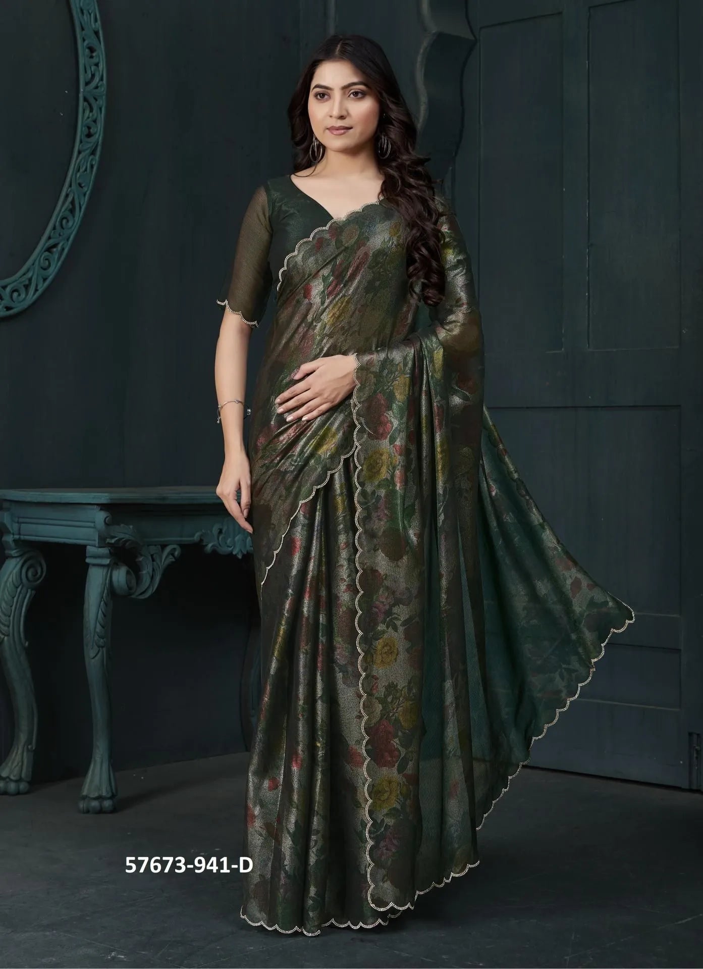 Dark Green Two Tone Silk Floral Digitally Printed Party-Wear Saree