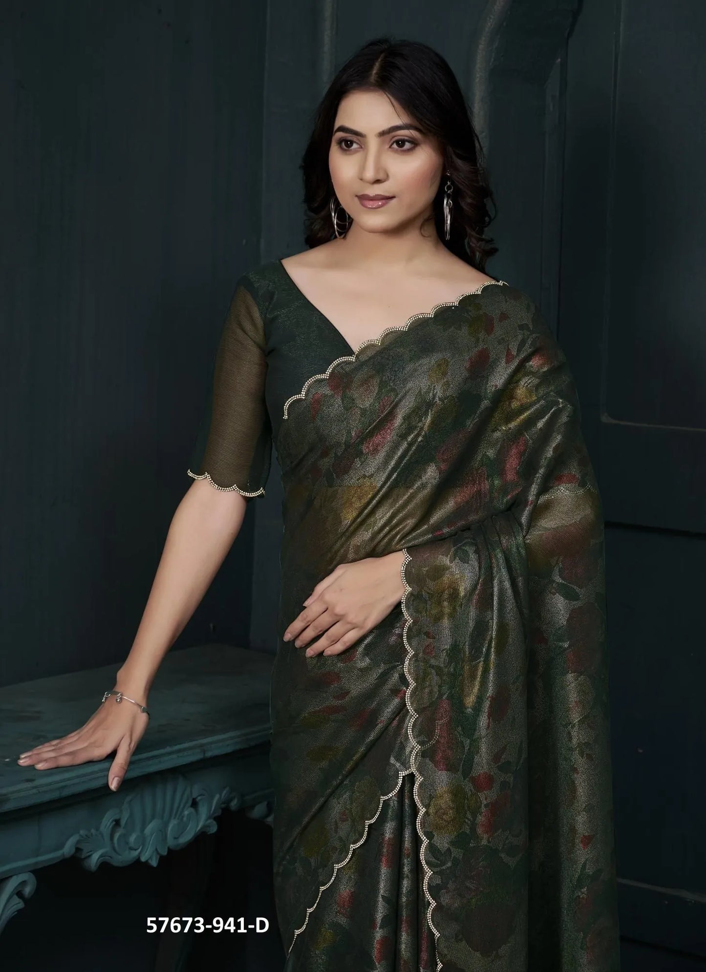 Dark Green Two Tone Silk Floral Digitally Printed Party-Wear Saree