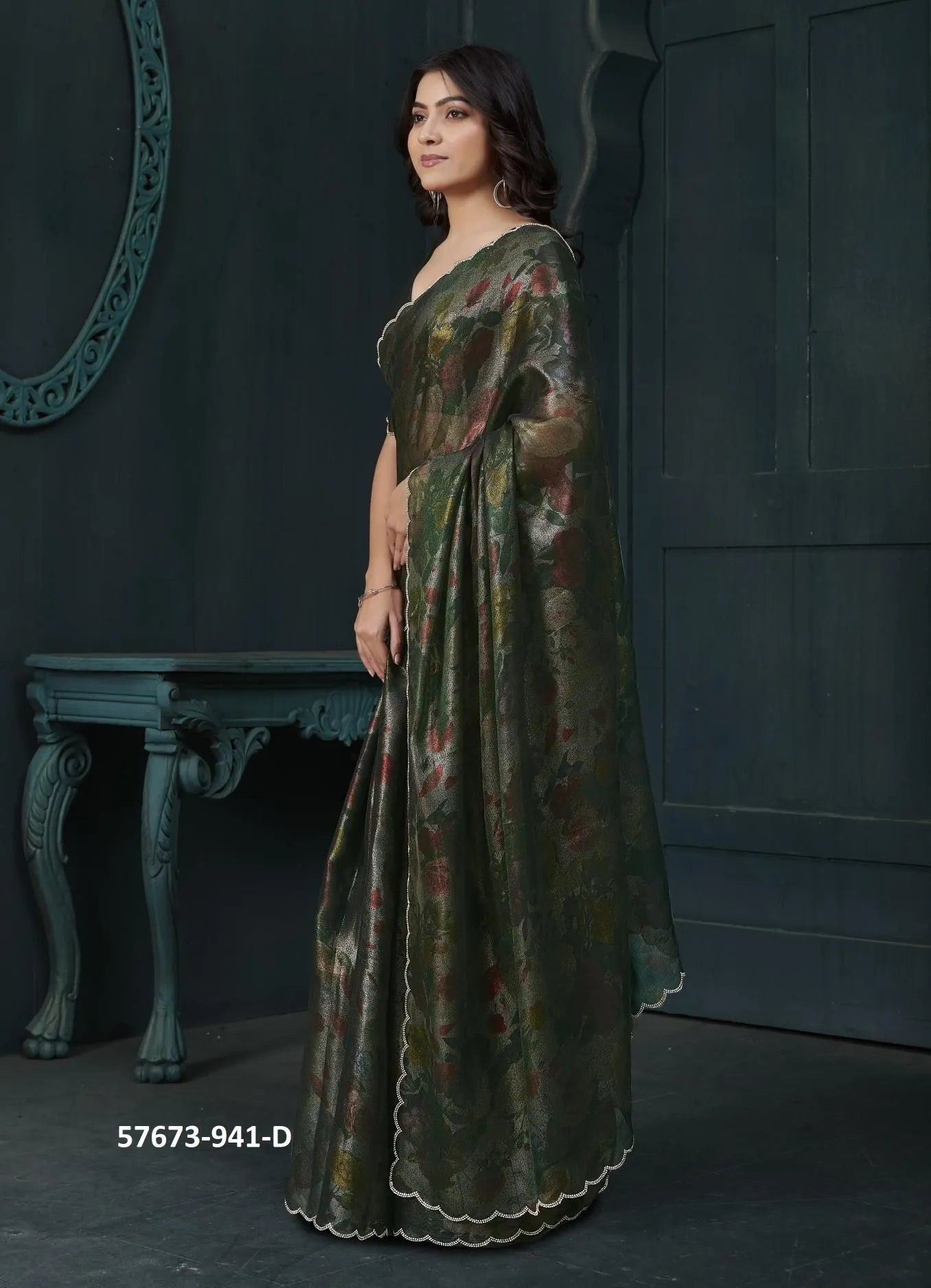 Dark Green Two Tone Silk Floral Digitally Printed Party-Wear Saree