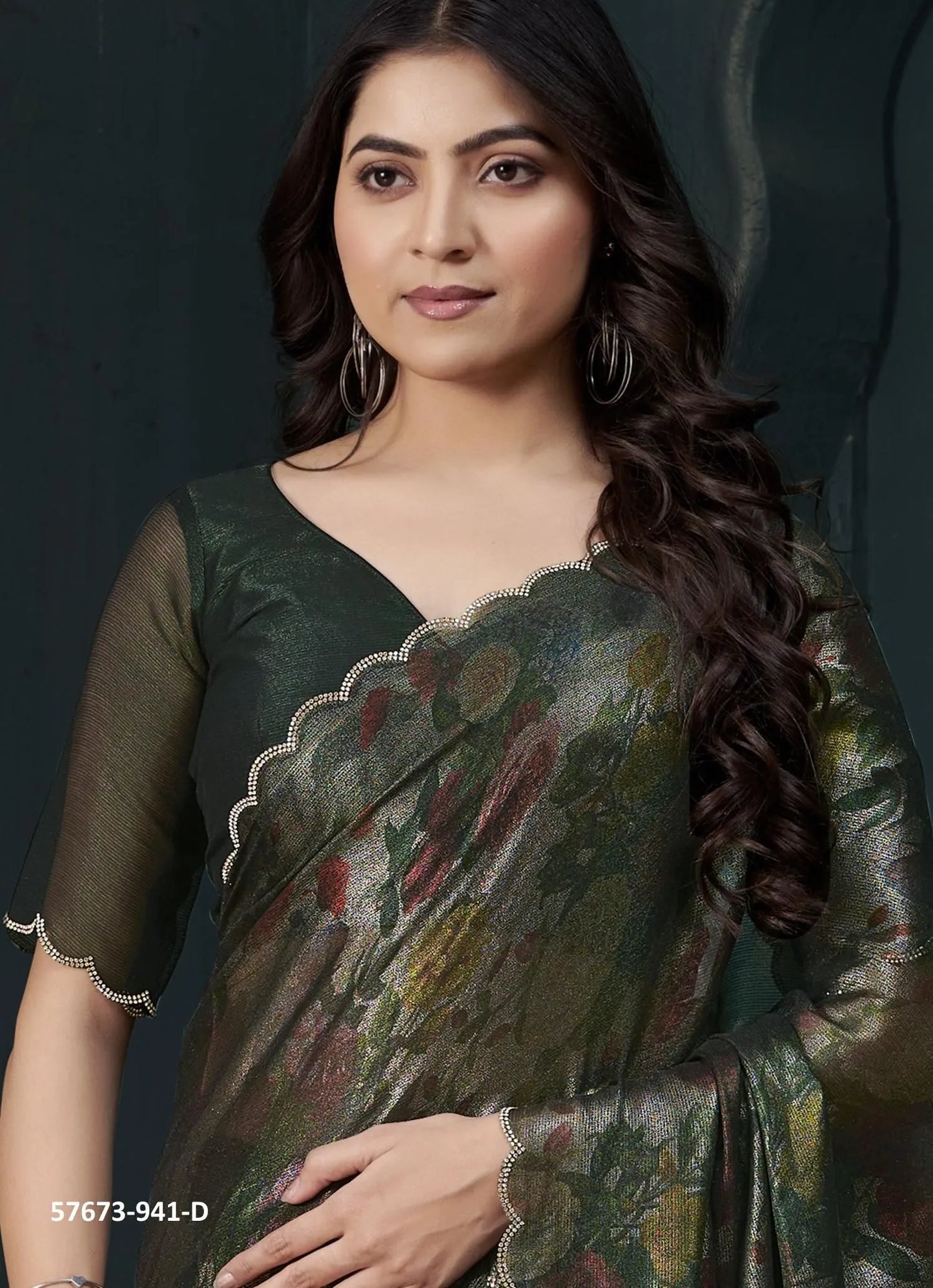 Dark Green Two Tone Silk Floral Digitally Printed Party-Wear Saree
