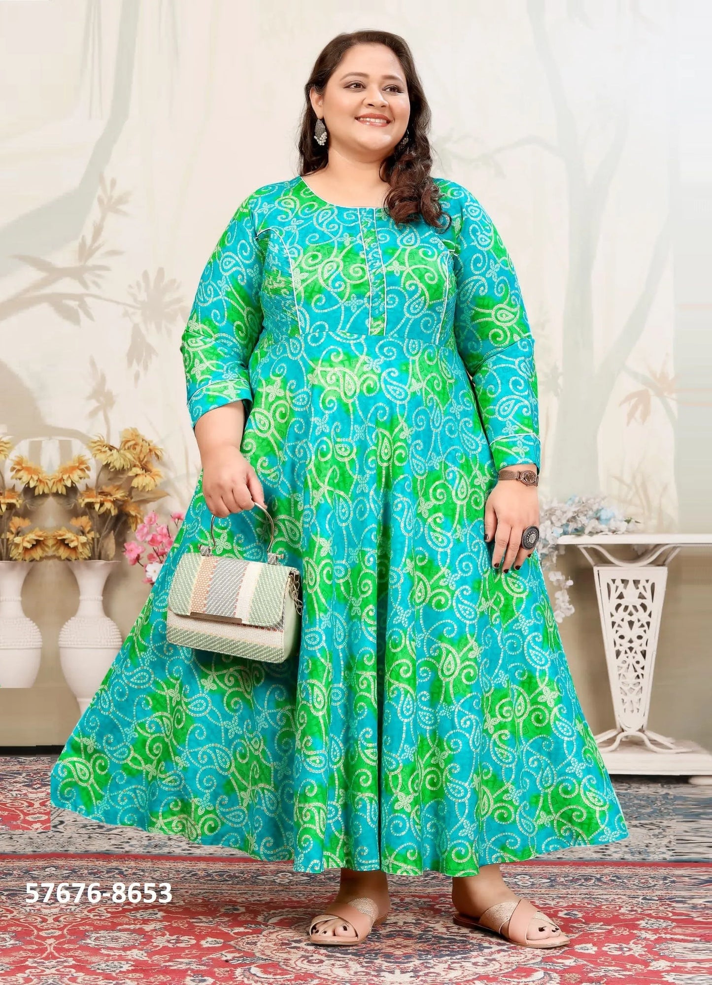 Teal Blue Premium Rayon Printed Resort-Wear Plus-Size Readymade Kurti