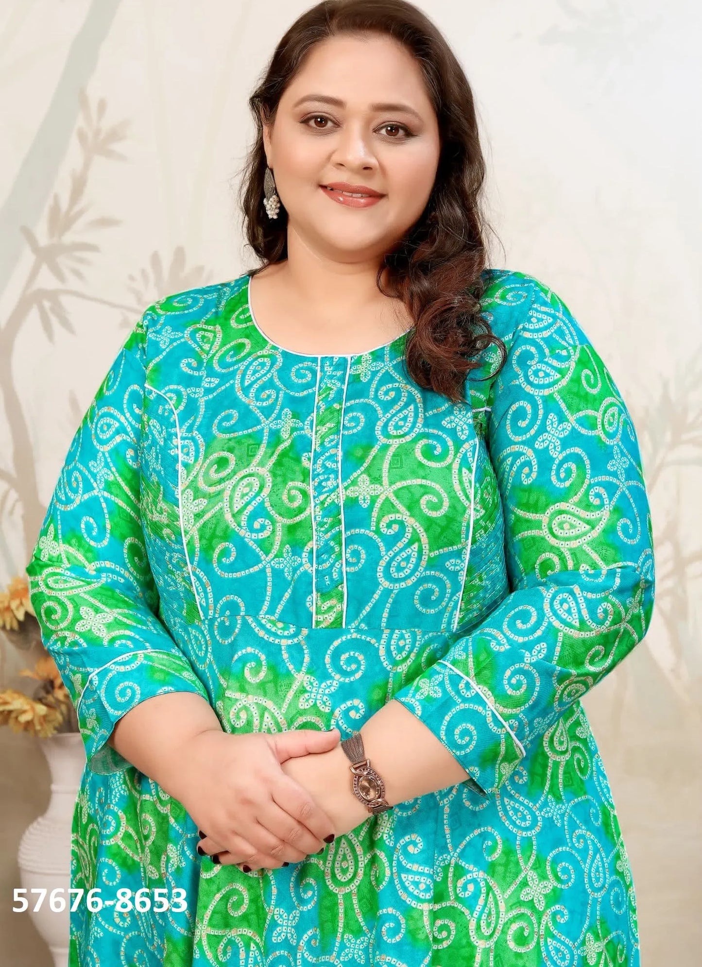 Teal Blue Premium Rayon Printed Resort-Wear Plus-Size Readymade Kurti