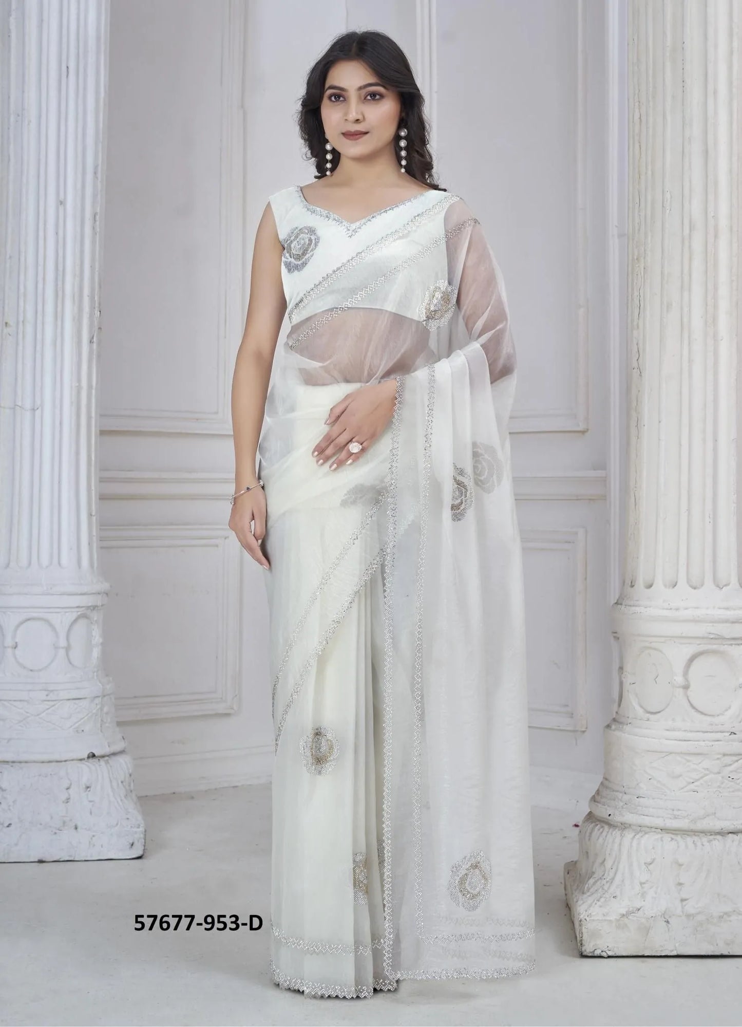 White Organza Zarkan-Work Beautiful Saree For Kitty-Parties
