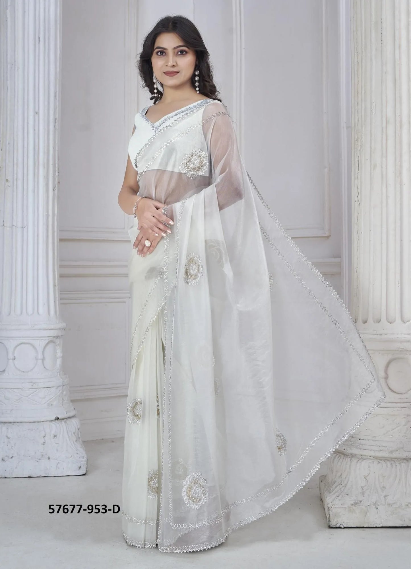 White Organza Zarkan-Work Beautiful Saree For Kitty-Parties