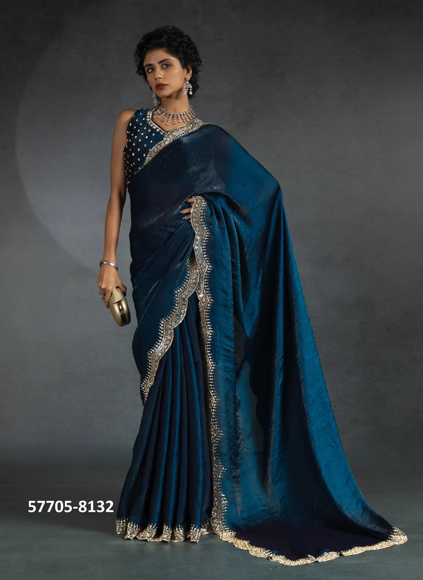 Sea Blue Fendi Satin Silk Two Tone Sequins-Work Evening-Wear Boutique-Style Saree