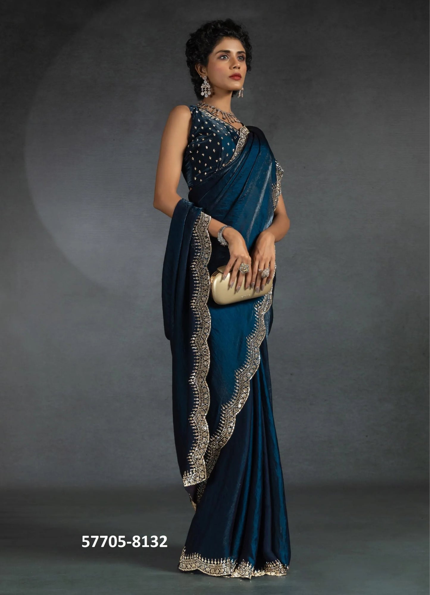 Sea Blue Fendi Satin Silk Two Tone Sequins-Work Evening-Wear Boutique-Style Saree