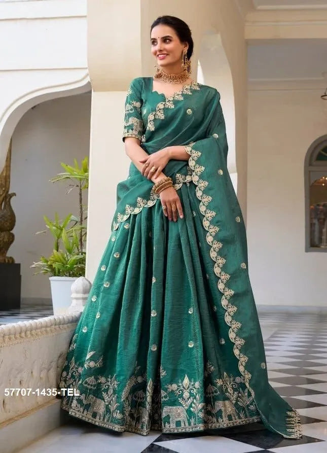 Teal Green Crush Silk Embroidered Party-Wear Stylish Lehenga Choli