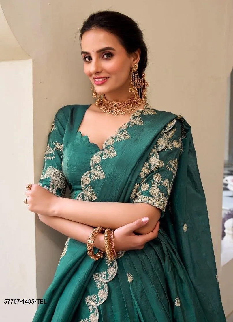 Teal Green Crush Silk Embroidered Party-Wear Stylish Lehenga Choli