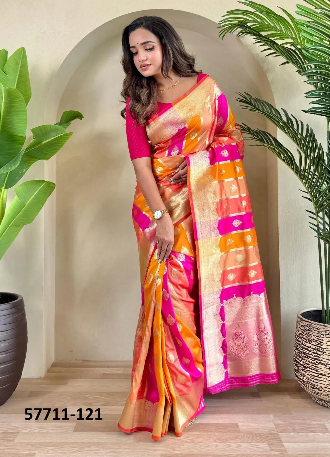 Orange Woven Banarasi Satin Silk Saree For Traditional / Religious-Occasions