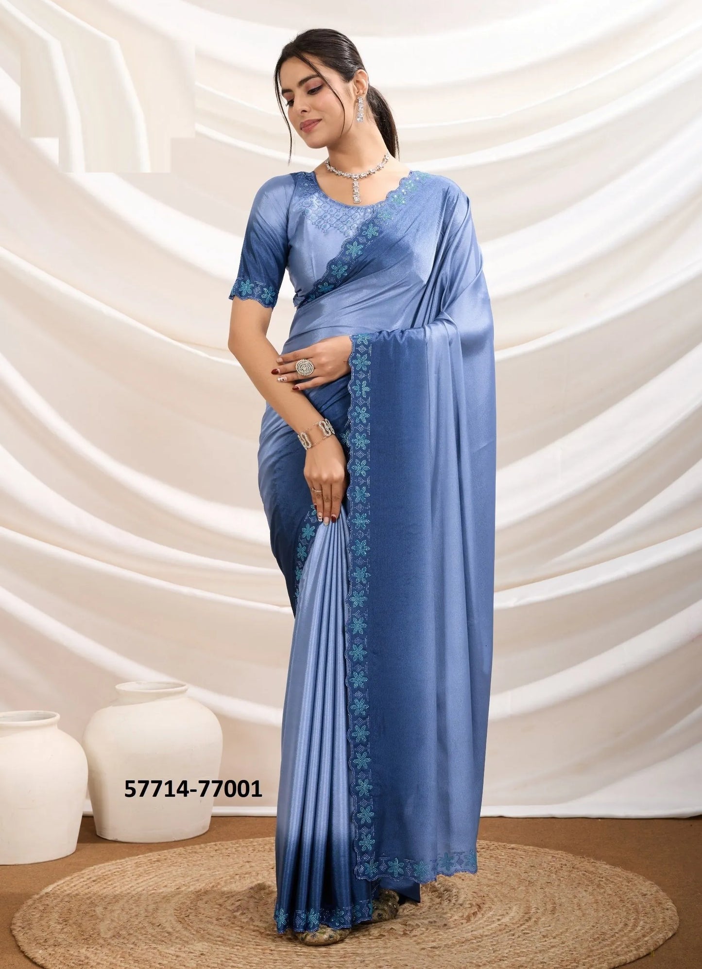 Steel Blue Crape Silk Zarkan-Work Beautiful Saree For Kitty-Parties