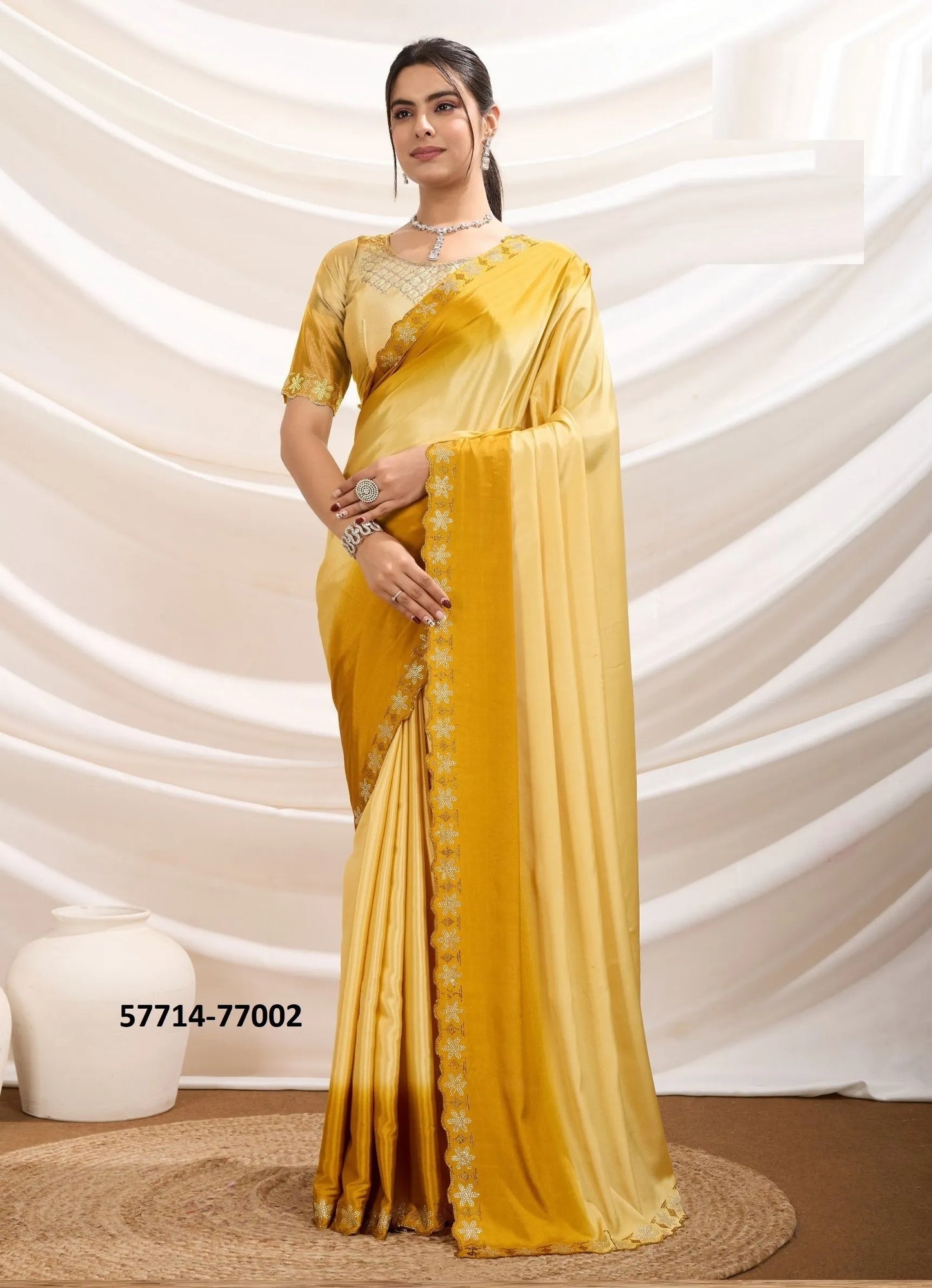 Creamy Yellow Crape Silk Zarkan-Work Beautiful Saree For Kitty-Parties