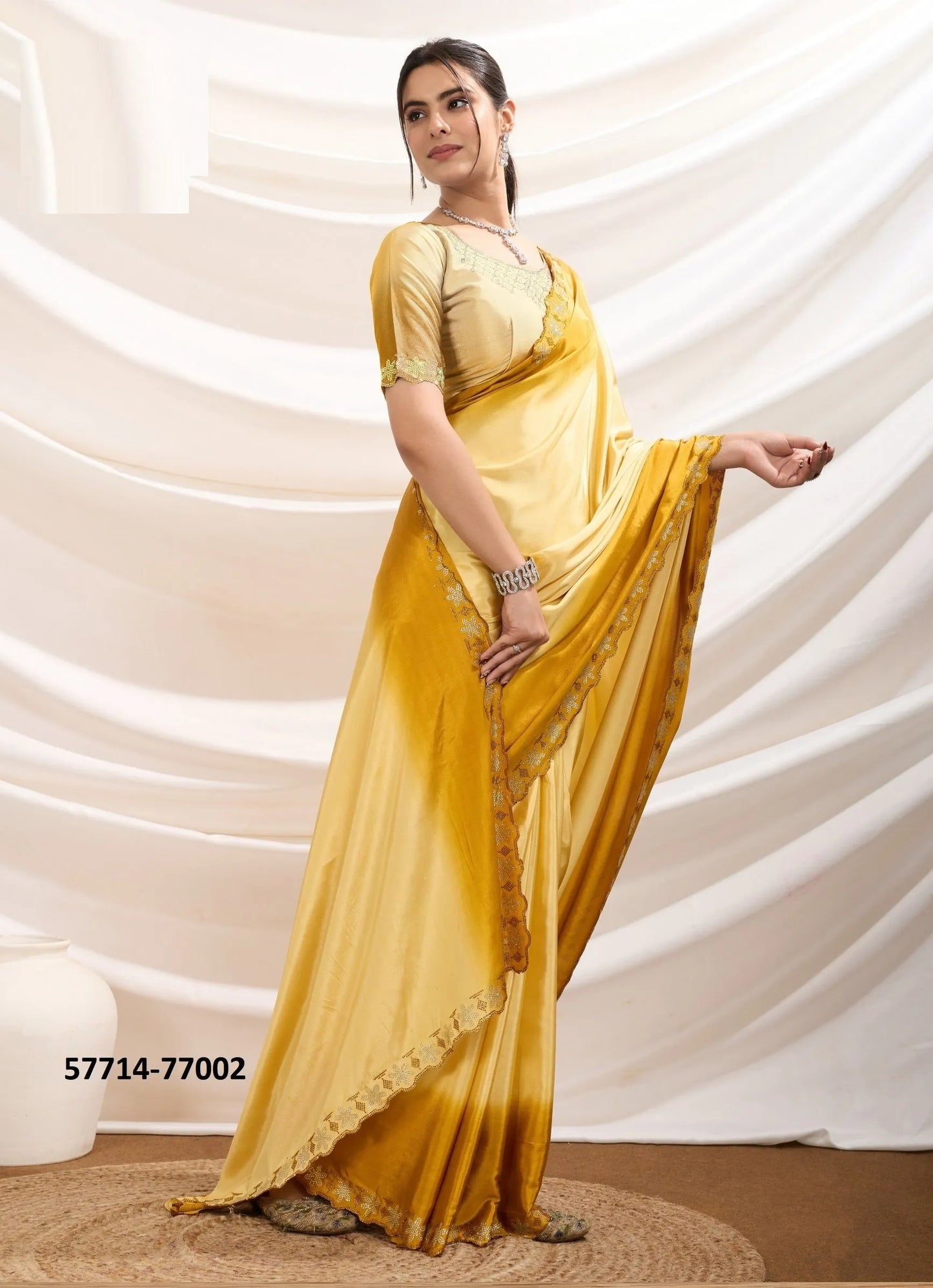Creamy Yellow Crape Silk Zarkan-Work Beautiful Saree For Kitty-Parties