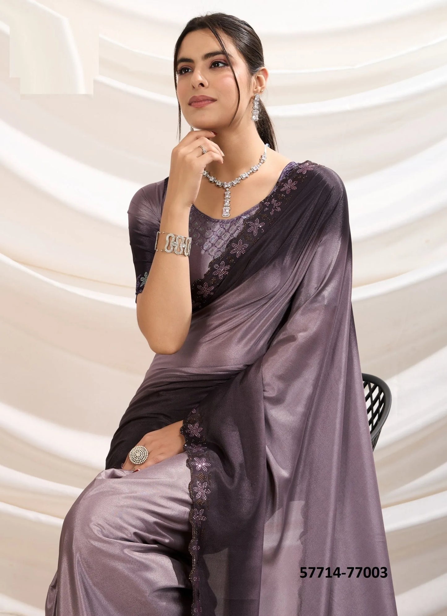 Light Mauve Crape Silk Zarkan-Work Beautiful Saree For Kitty-Parties