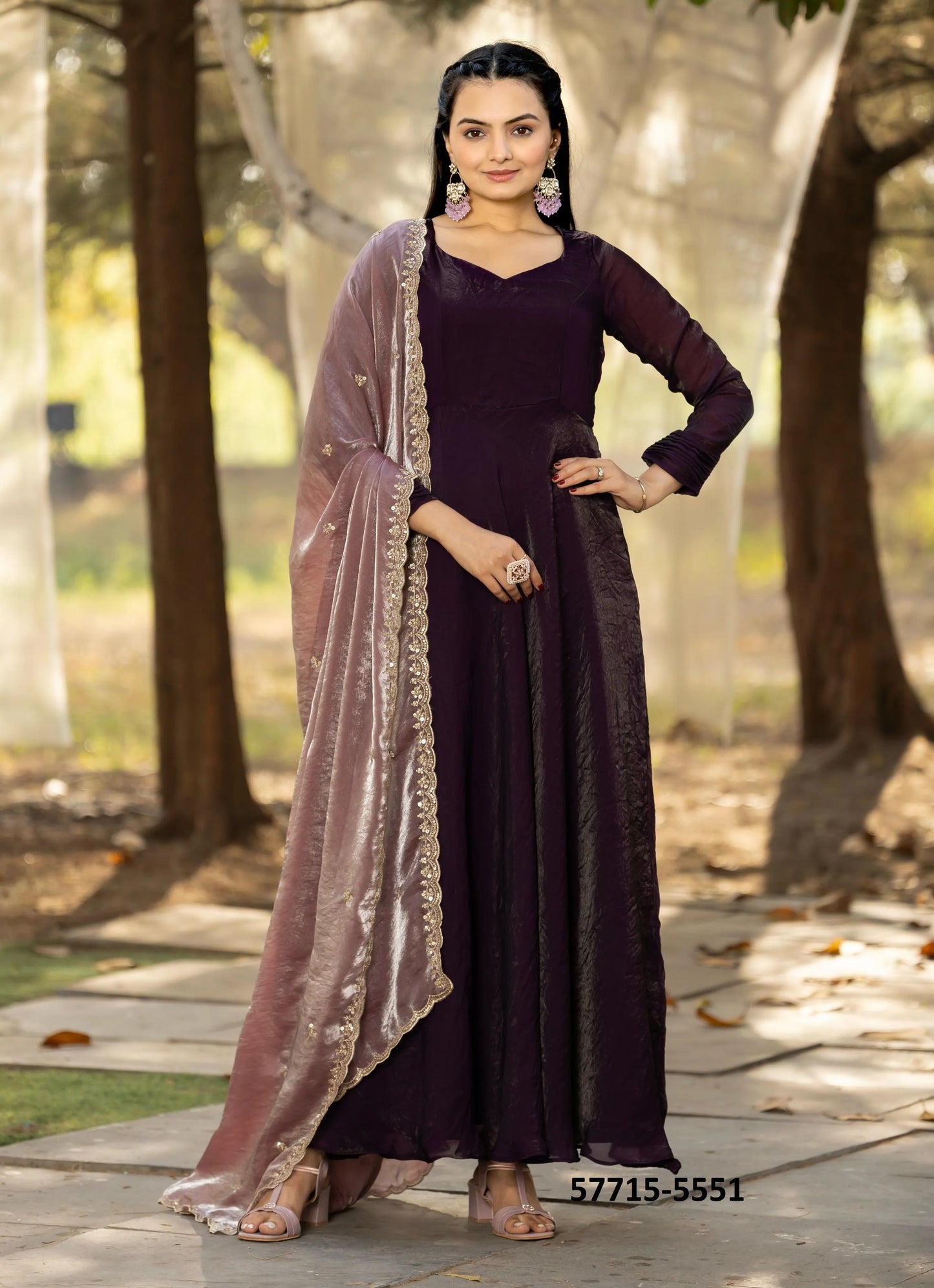 Dark Wine Silk Sequins-Work Party-Wear Readymade Gown With Dupatta